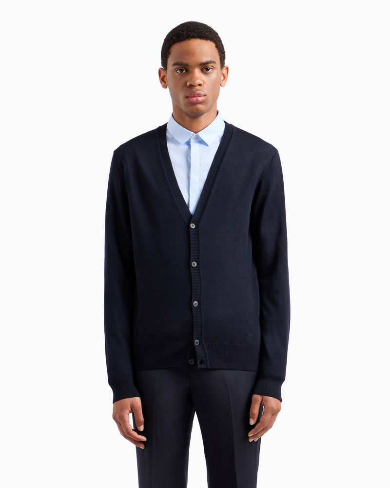 EMPORIO ARMANI Plain-knit, virgin-wool V-neck cardigan outlook