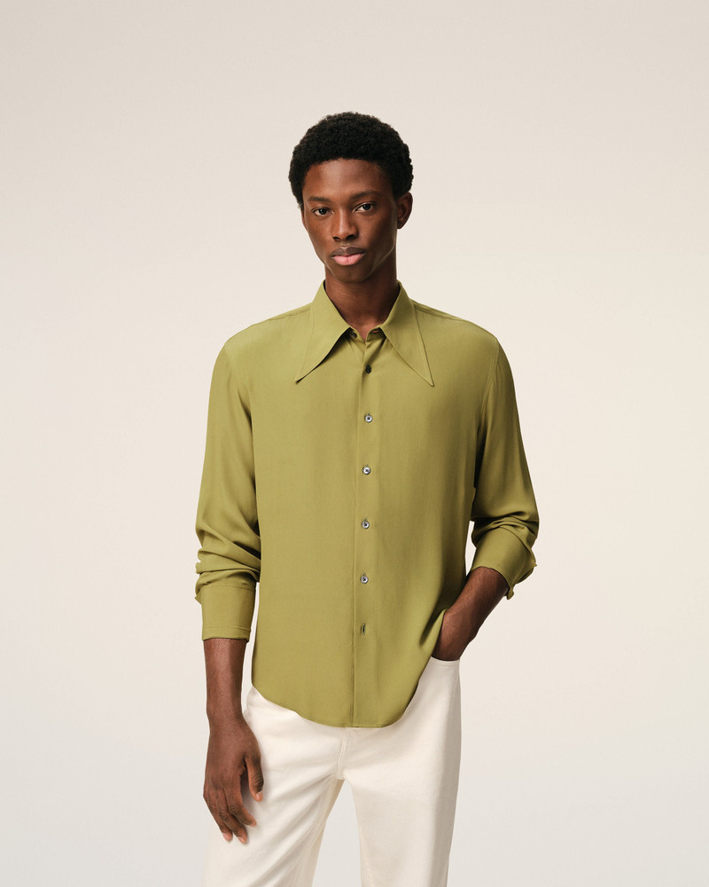 GREEN BLENDED SILK SHARP COLLAR ADJUSTED SHIRT 3