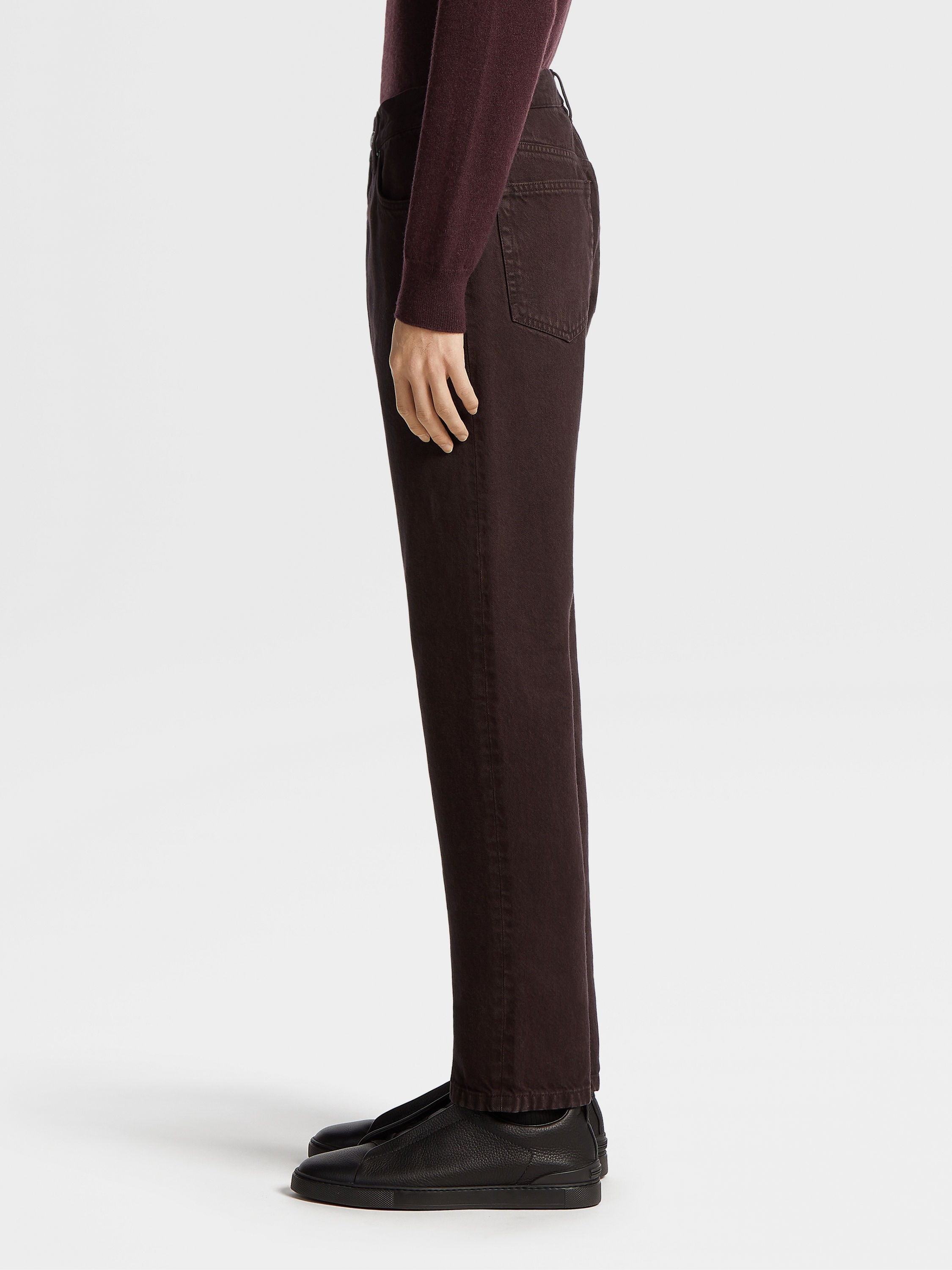 DARK BURGUNDY MARBLED COTTON ROCCIA JEANS - 4