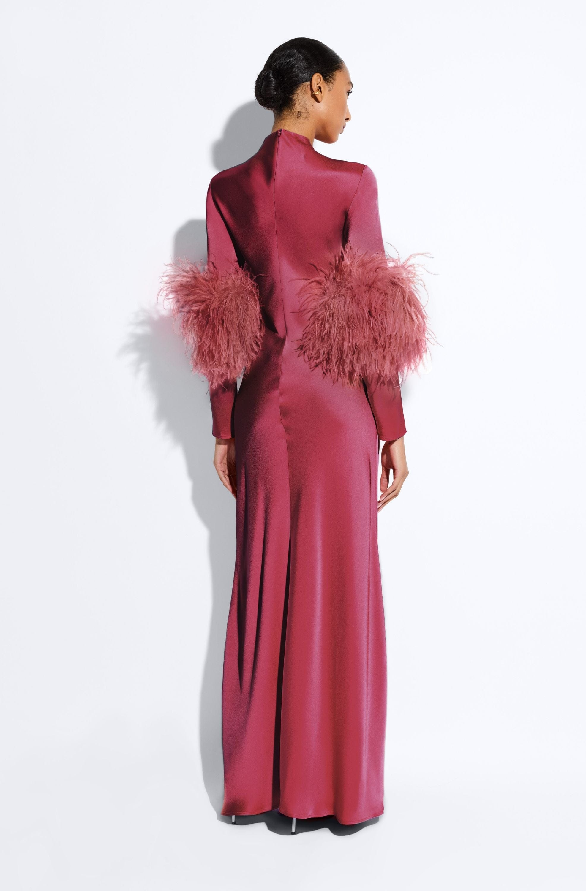 Satin Tab Gown With Feathers - 3