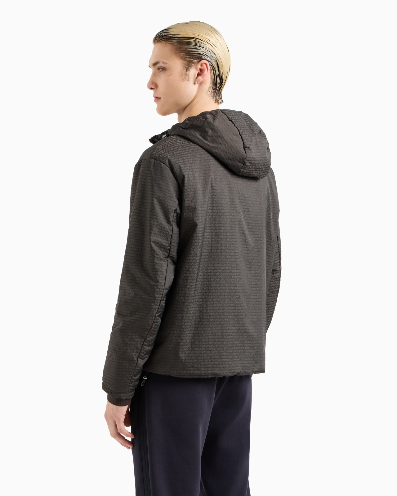 Lightweight nylon, hooded zip-up blouson with all-over jacquard lettering - 3