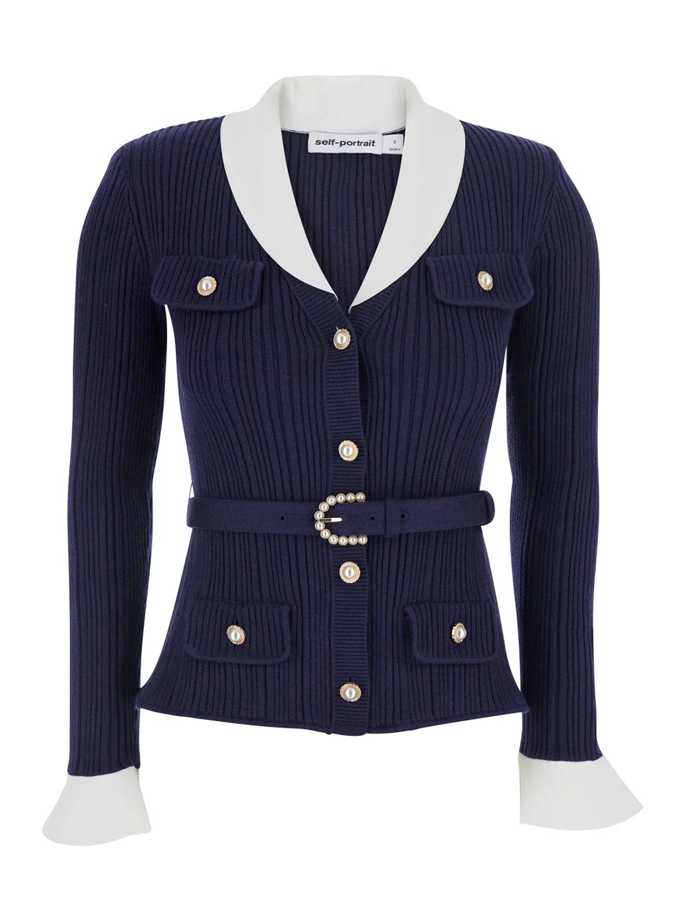 Self-Portrait Women Blue Cardigan With Ribbed Texture And Long Sleeves In Fabric And Cotton Woman - 1