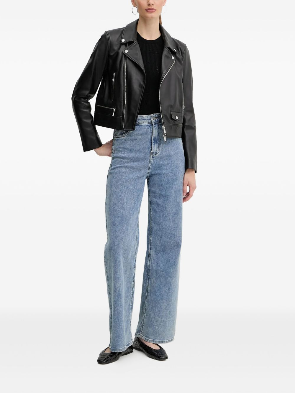 front-zip leather biker jacket - 2