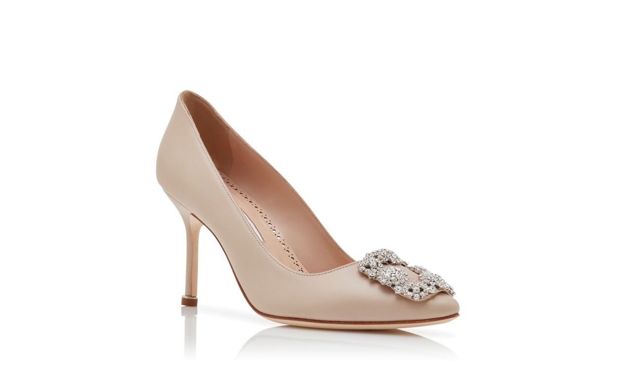Beige Calf Leather Jewel Buckle Pumps - 3
