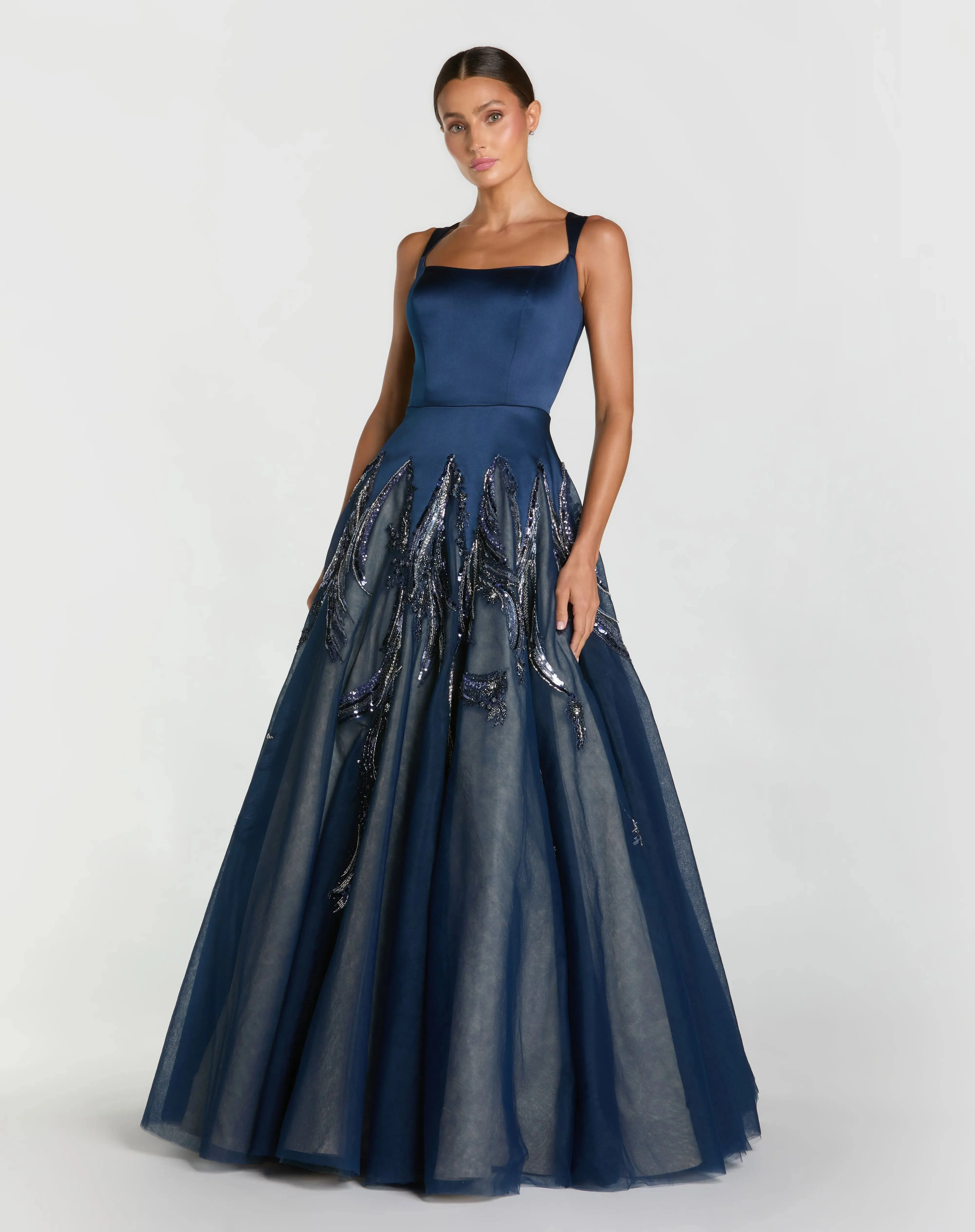 Navy Embellished Satin Ball Gown With Tulle Skirt - 1