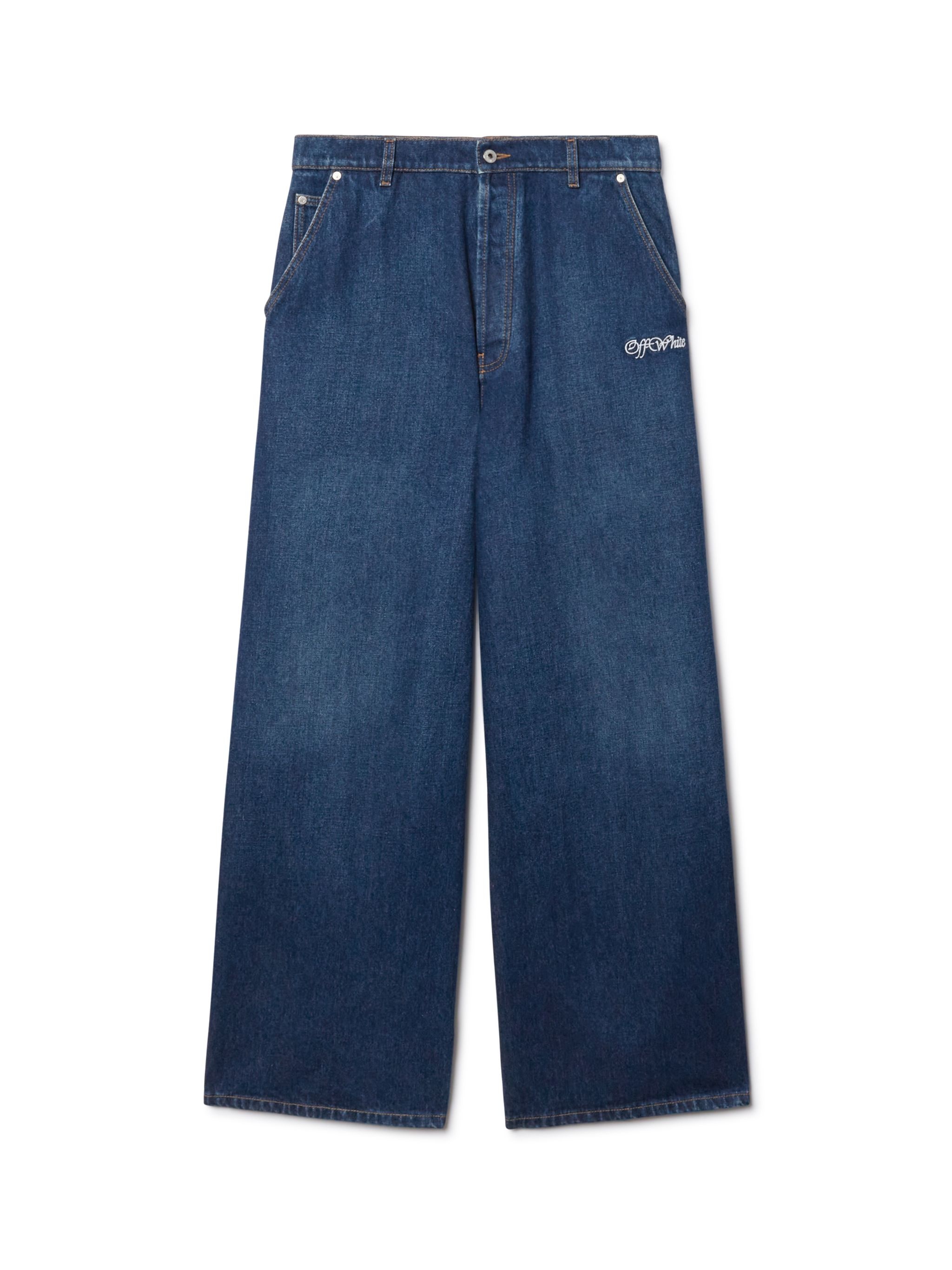 Medium Blue Script Wide Denim Pants - 1