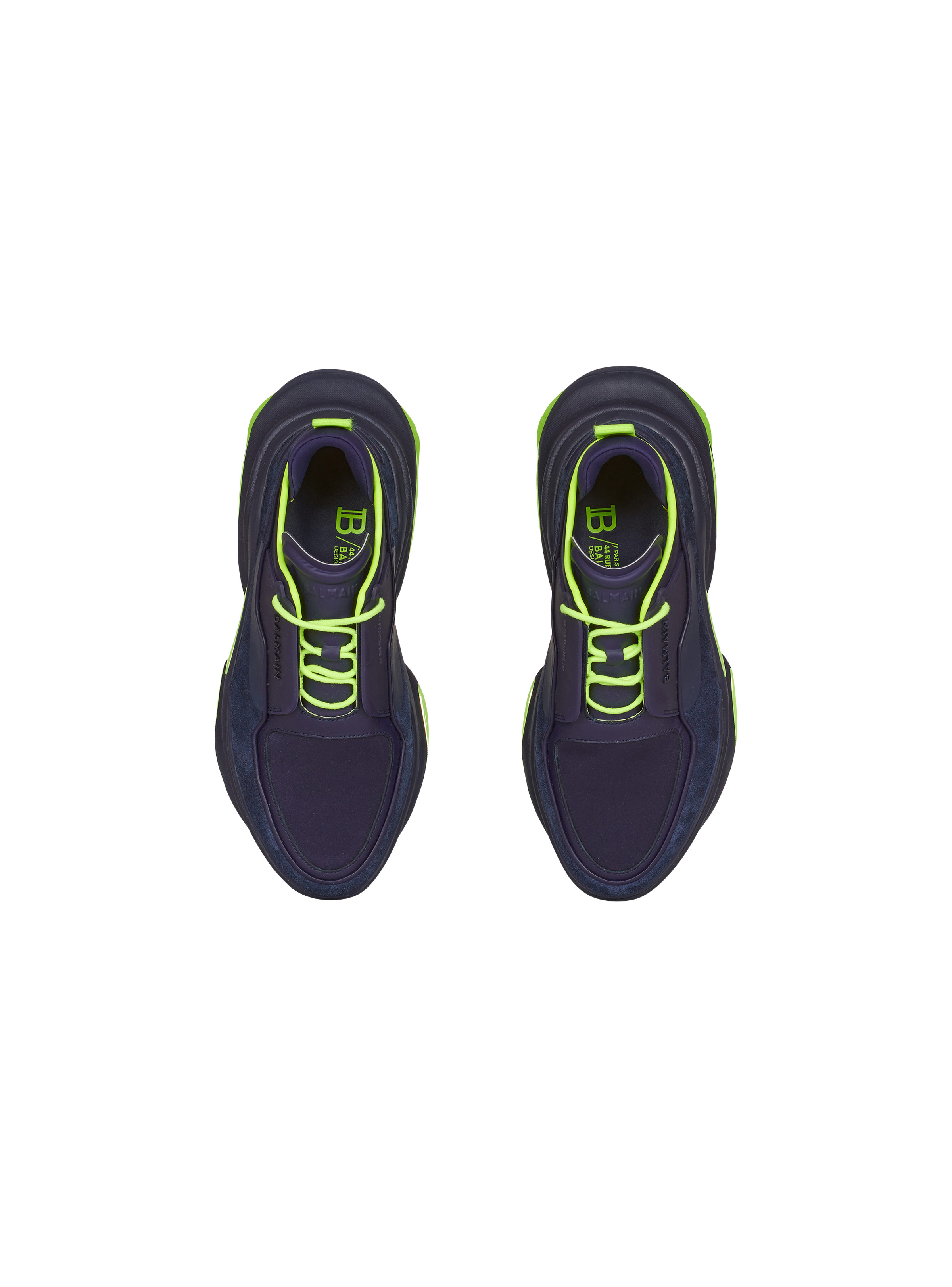 Navy blue and neon yellow leather and suede B-Bold low-top sneakers - 3