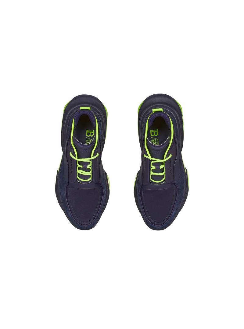 Navy blue and neon yellow leather and suede B-Bold low-top sneakers 3