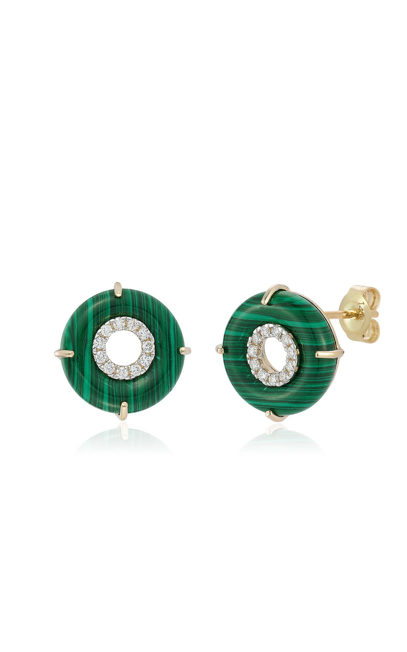 14K Yellow Gold Malachite Diamond Earrings dark green 1