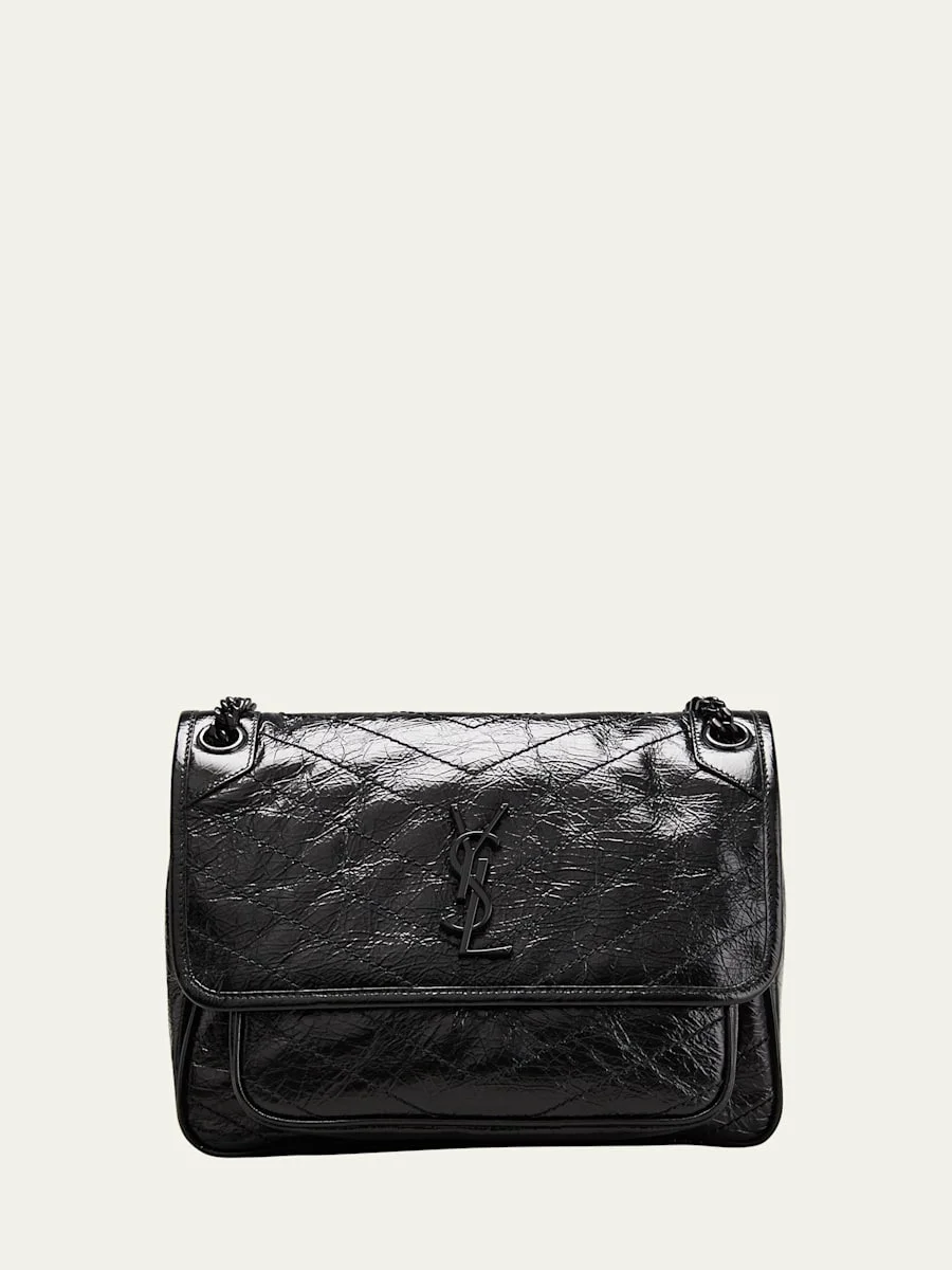 Niki Medium Crinkled Calfskin Flap-Top Shoulder Bag, Black Hardware - 1