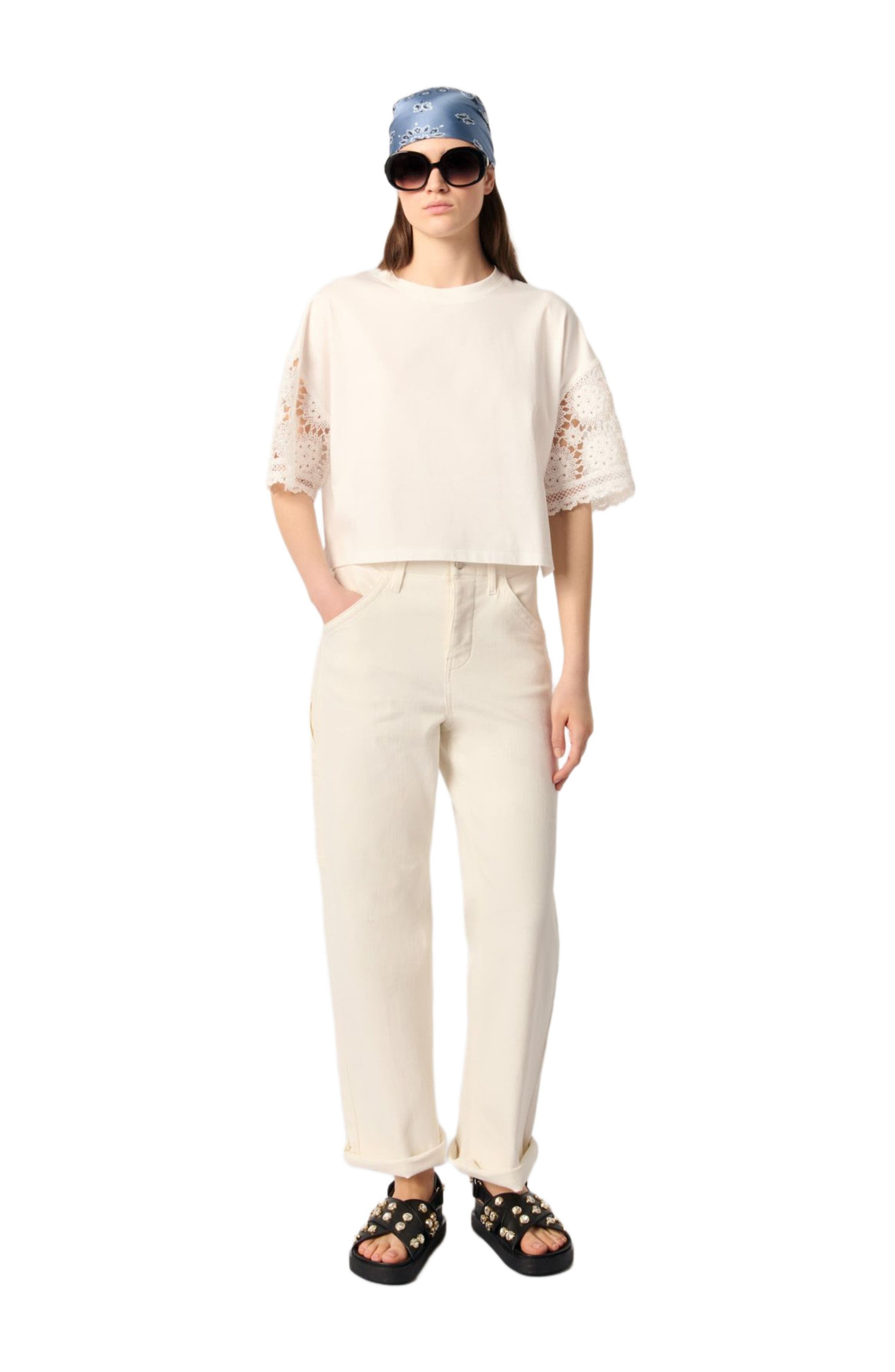 maje T-shirt with crochet sleeves in White at Nordstrom - 1