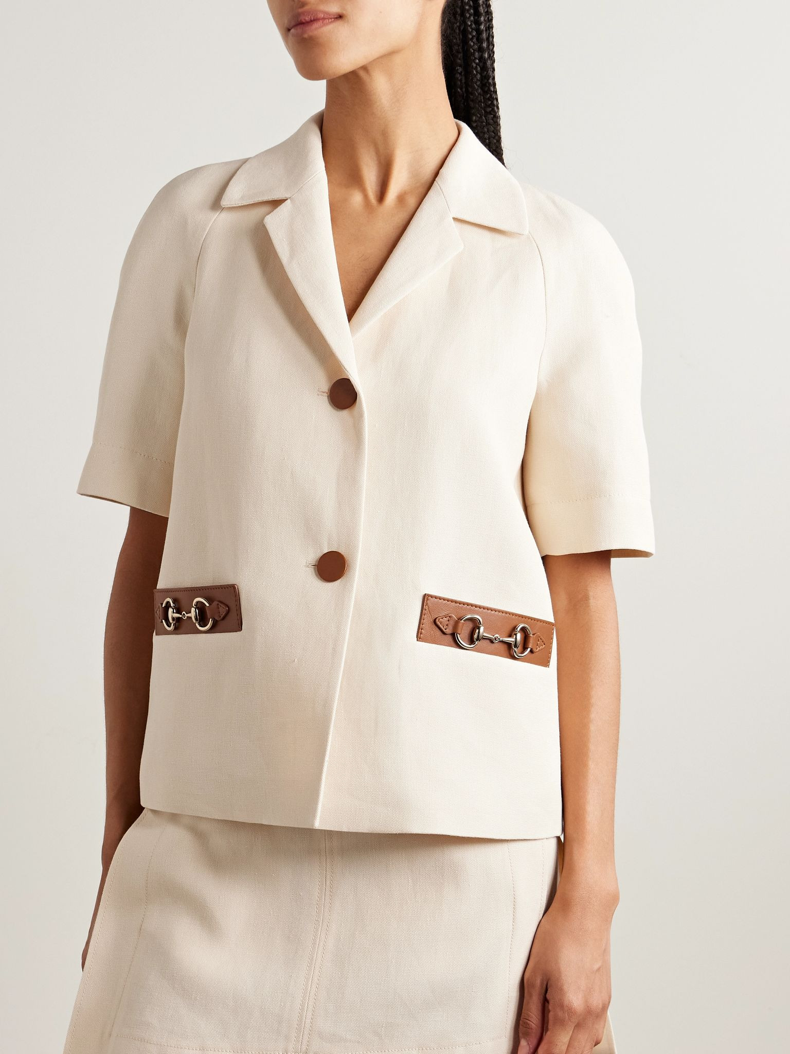 Horsebit-detailed leather-trimmed linen-canvas jacket Cream - 3