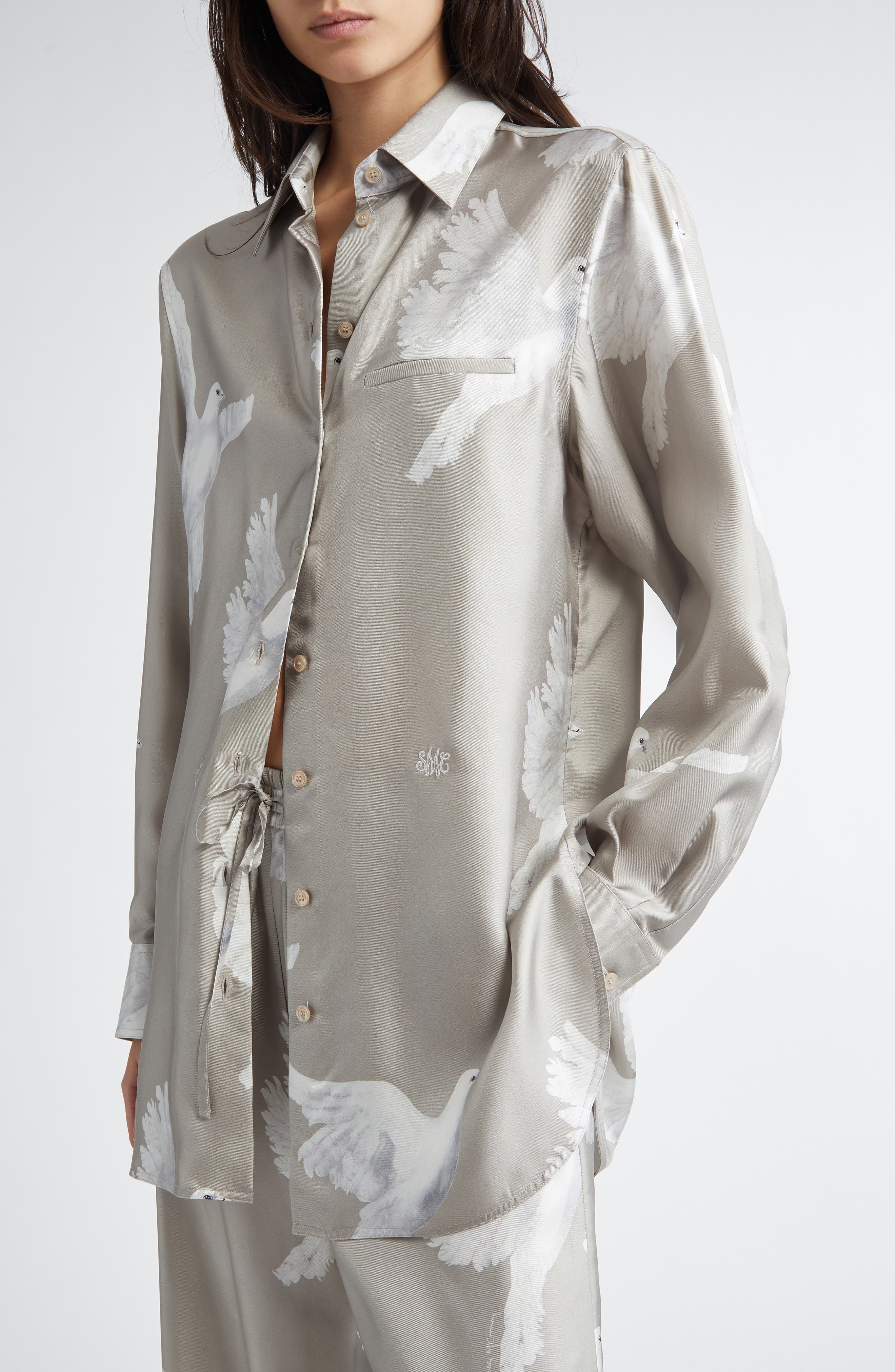 Stella McCartney Birds Print Relaxed Silk Button-Up Shirt in Mud at Nordstrom - 5