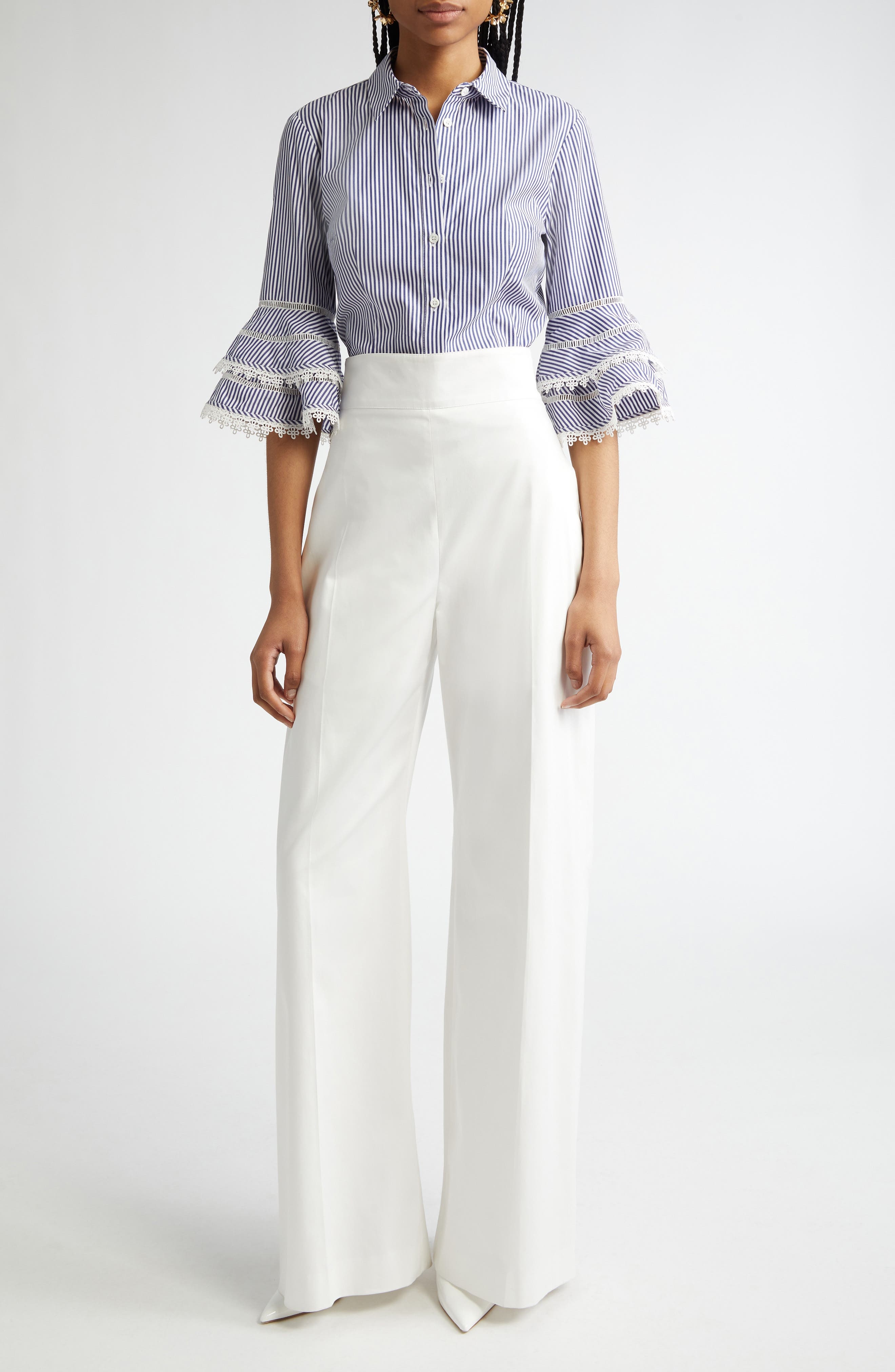 Carolina Herrera Stripe Tiered Ruffle Sleeve Belted Poplin Shirtdress in White/Blue at Nordstrom - 2