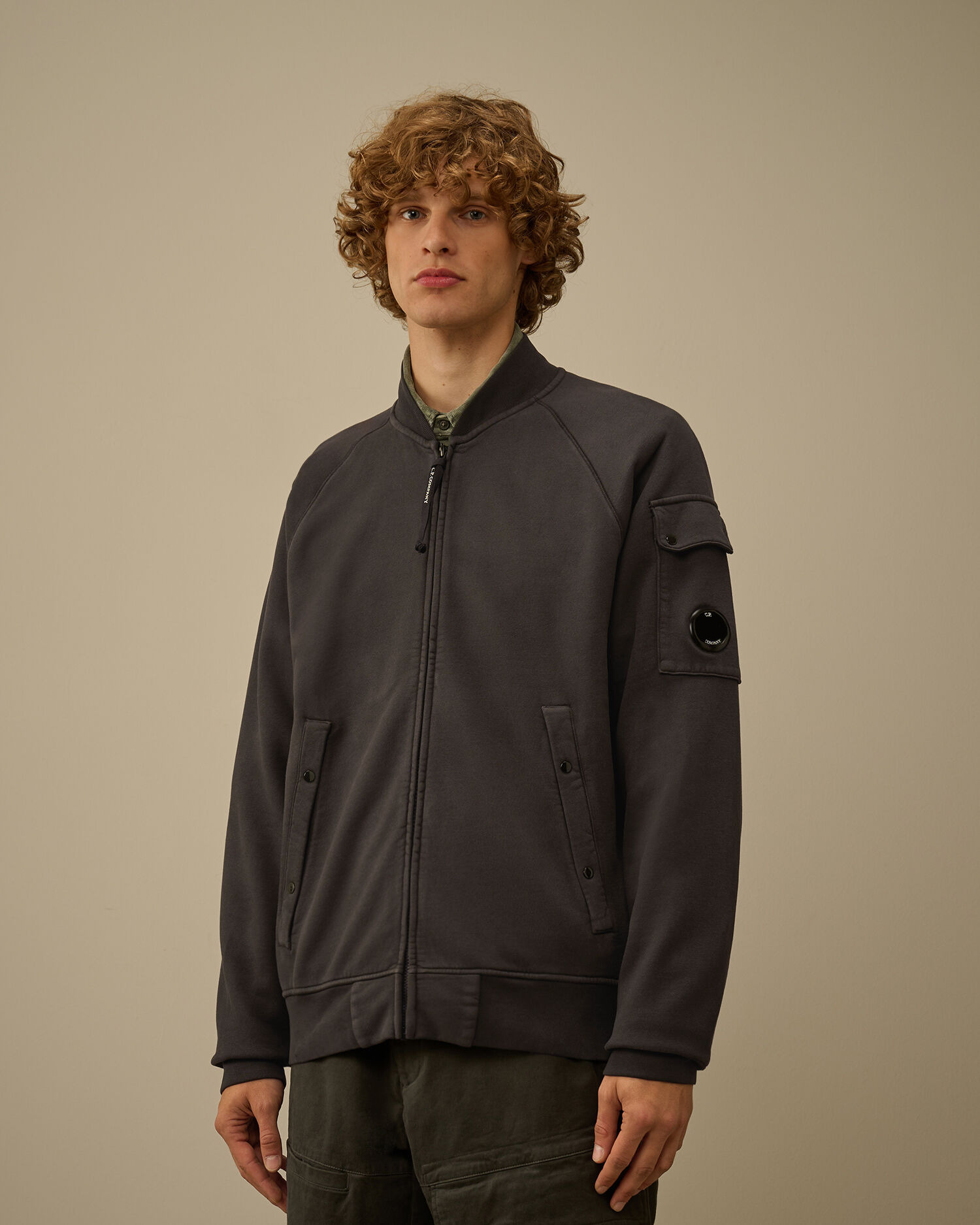 Brushed and Emerized Diagonal Fleece Bomber Full Zip Sweatshirt - 3