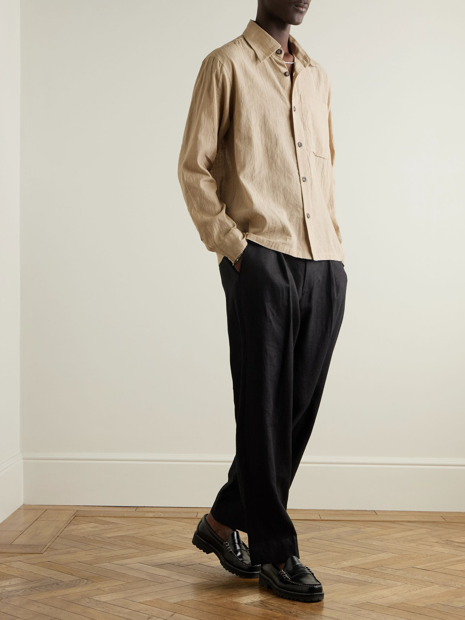 Striped Metallic Cotton-Jacquard Shirt Beige - 2