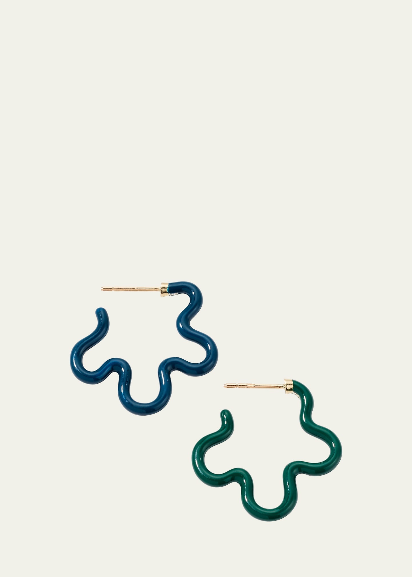 Two-Tone Asymmetrical Flower Small Hoop Earrings in Emerald and Teal Enamel - 1