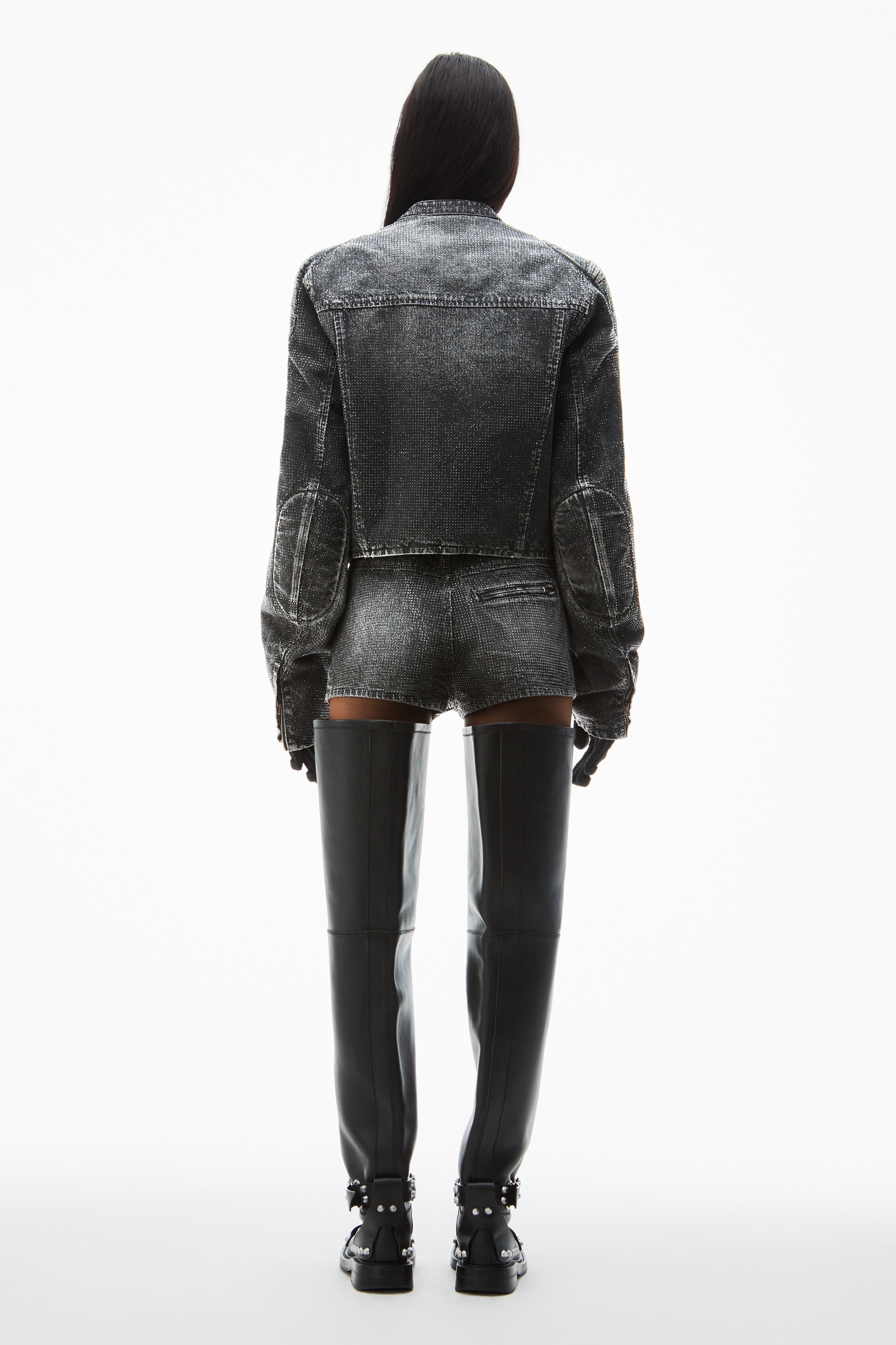 clear crystal hotfix moto jacket in crackle grey wash denim - 5