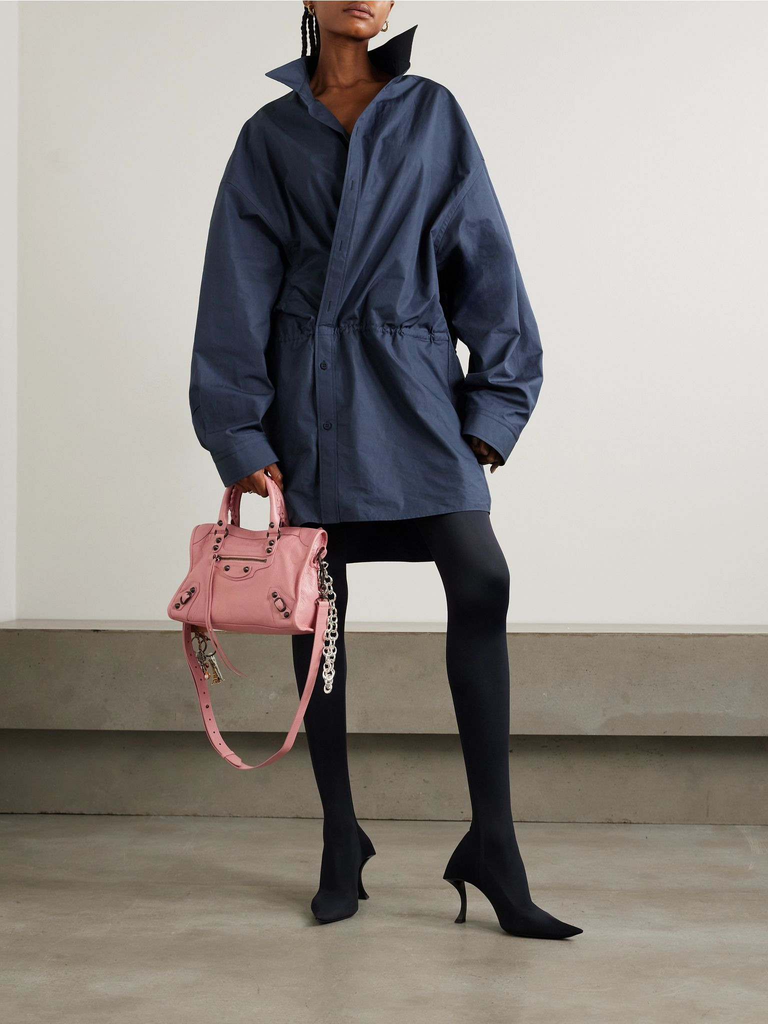 Asymmetric gathered cotton-poplin mini shirt dress Blue - 2