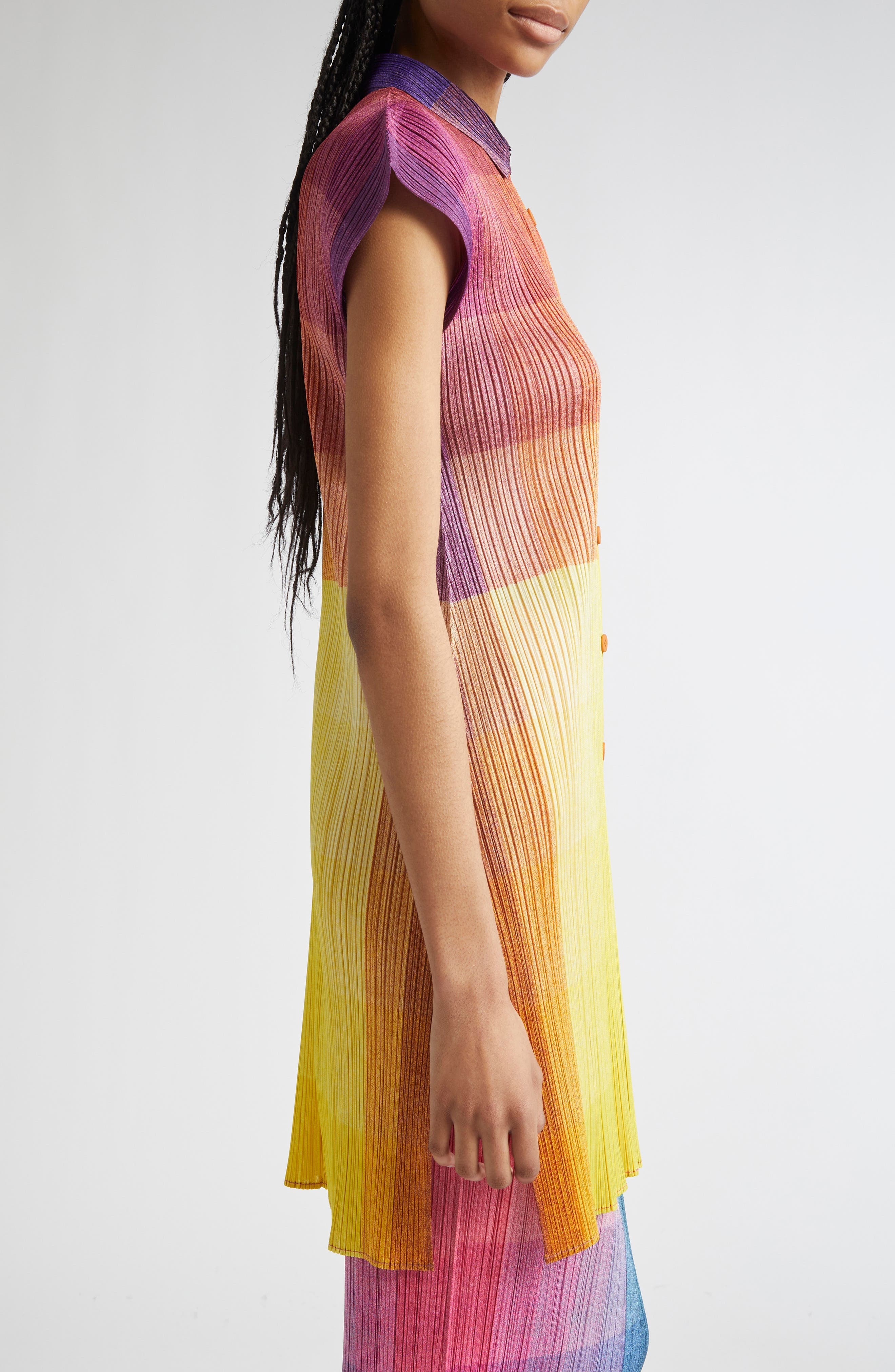 Pleats Please Issey Miyake Photon Print Pleated Shirtdress in Yellow at Nordstrom - 4