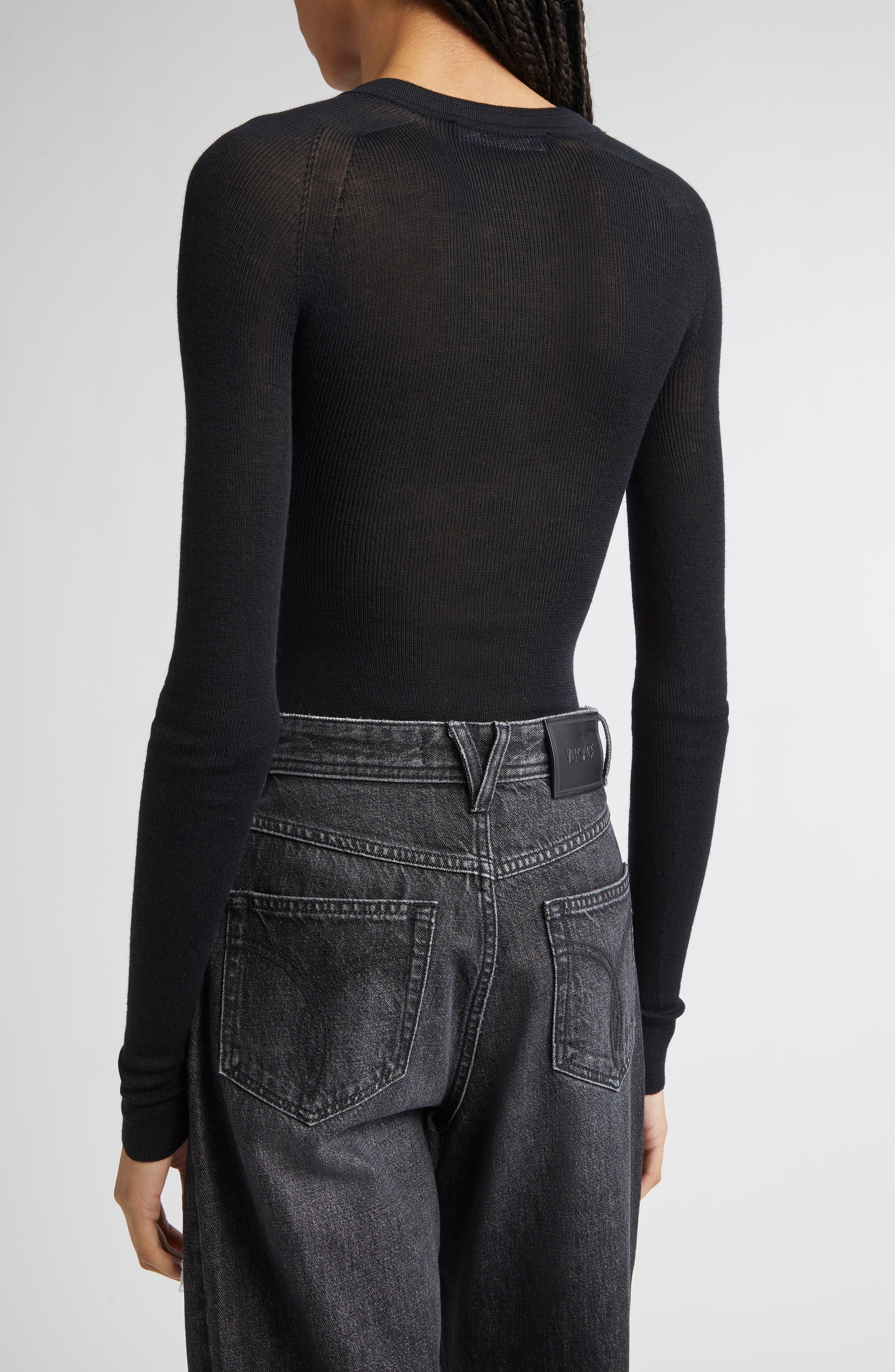 Versace Seamless Virgin Merino Wool Blend Rib Henley Sweater in Black at Nordstrom - 2
