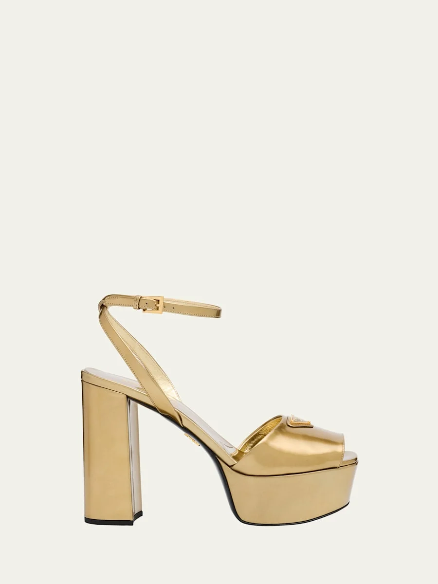Metallic Leather Ankle-Strap Platform Sandals - 1
