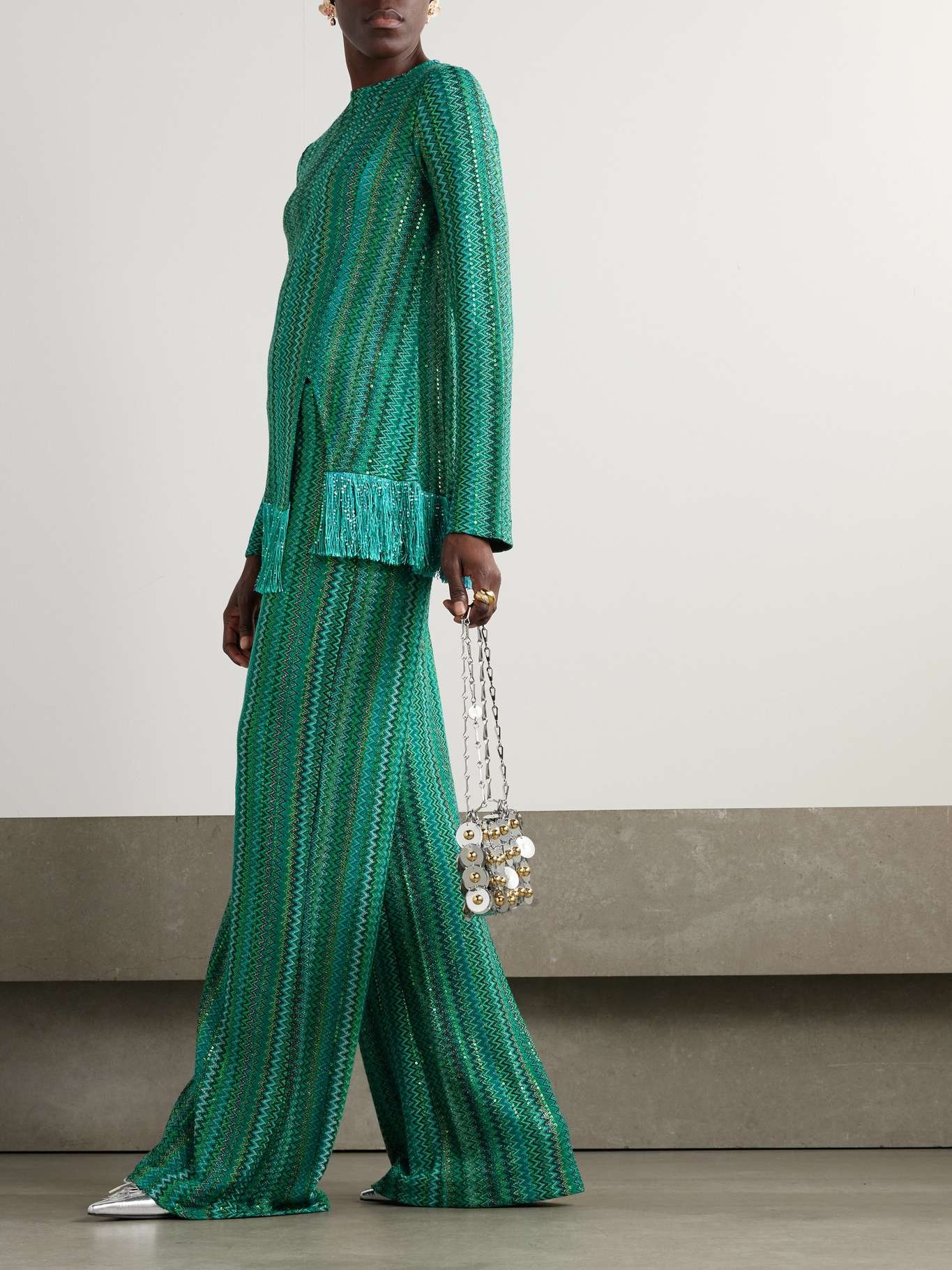 Fringed sequin-embellished metallic crochet-knit sweater Green - 2