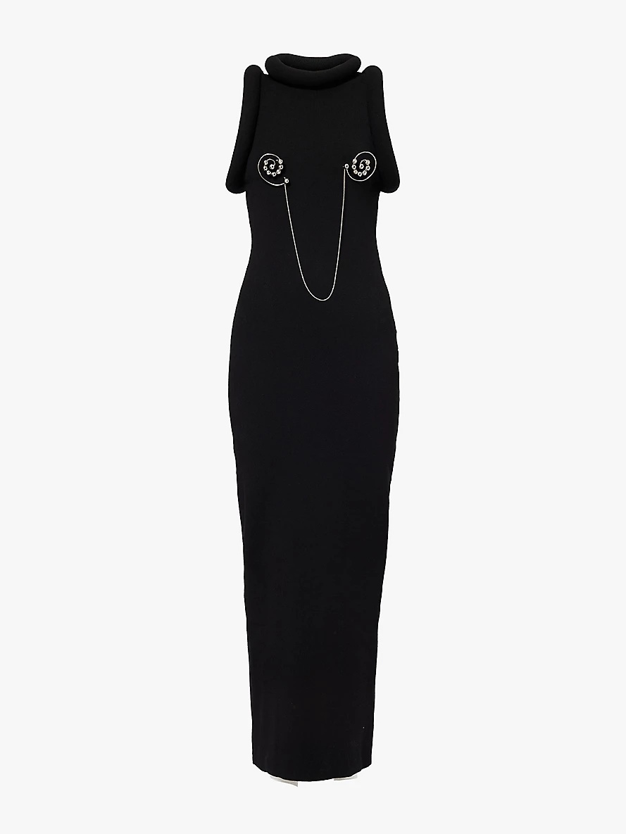 Chain-embellished padded-trim knitted maxi dress - 1