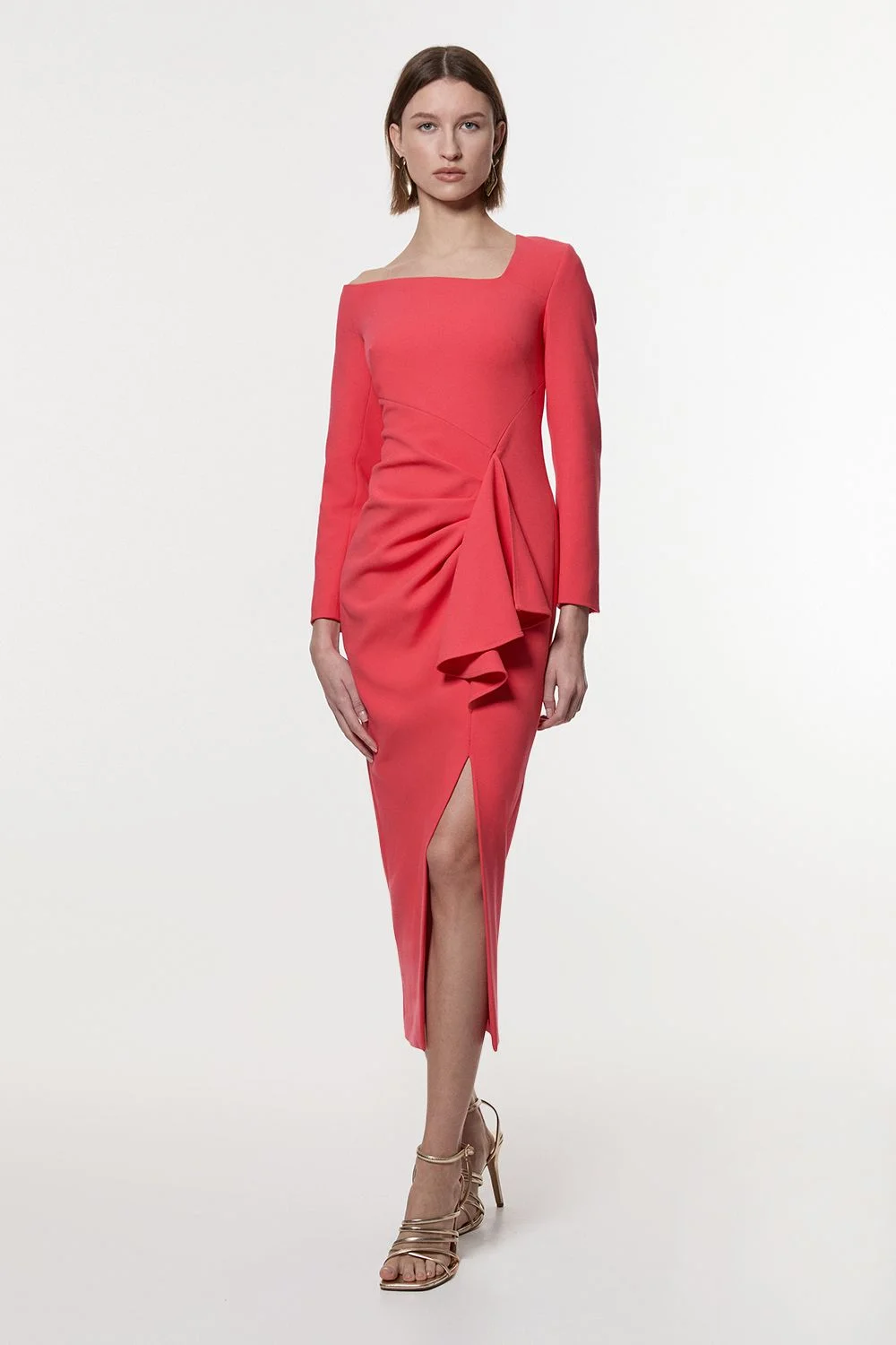 Compact Stretch Asymmetric Neckline Draped Midi Dress - 1