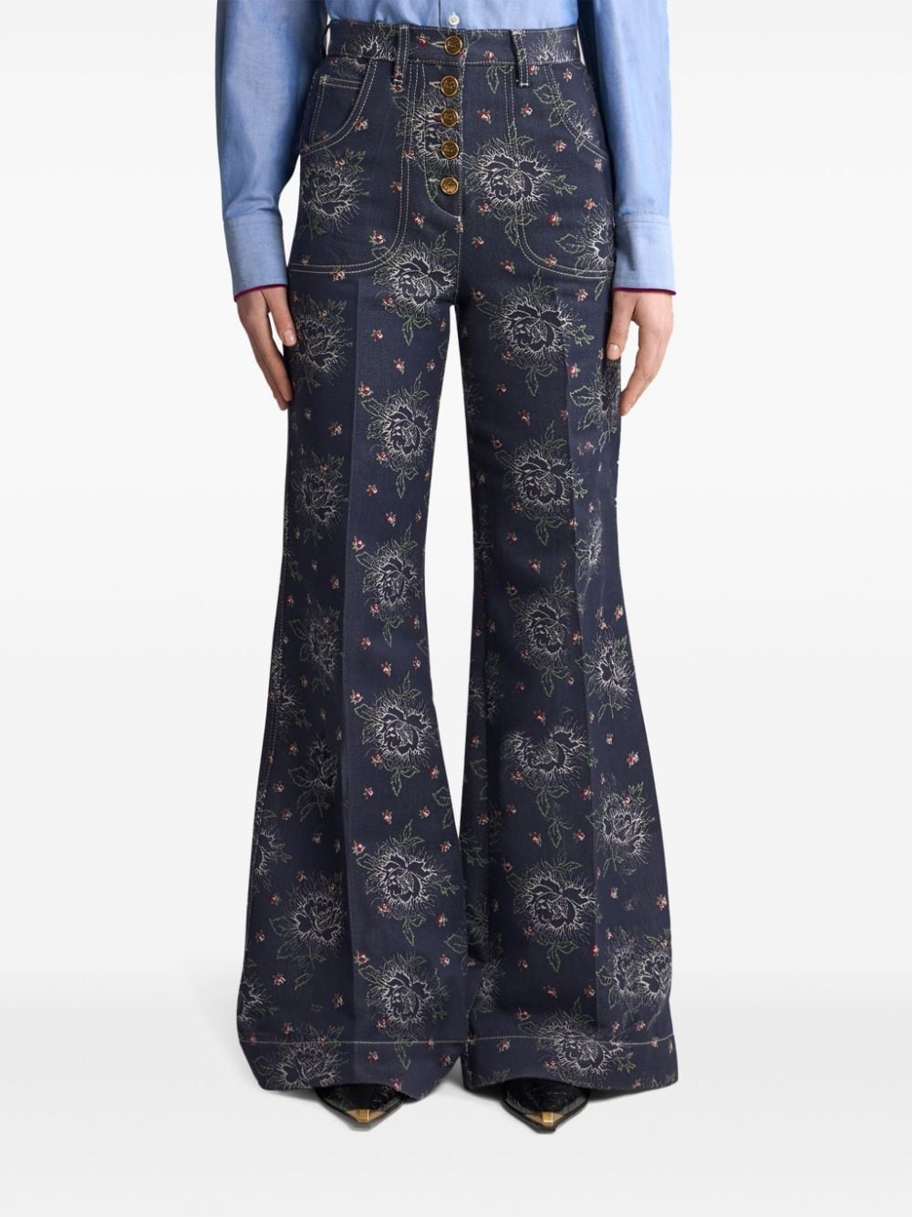 floral-jacquard flared jeans - 3