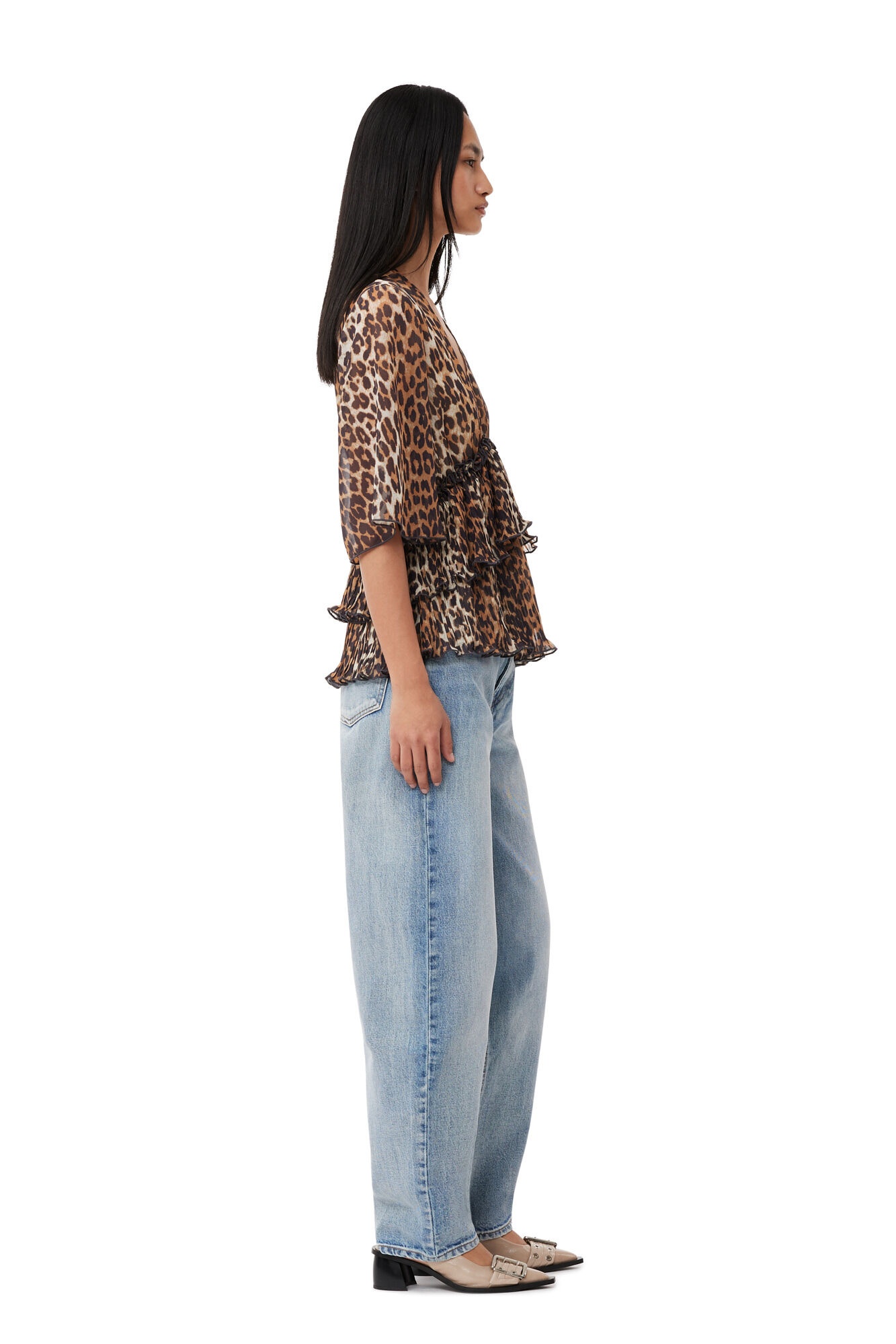 LEOPARD PLEATED GEORGETTE V-NECK FLOUNCE BLOUSE - 5