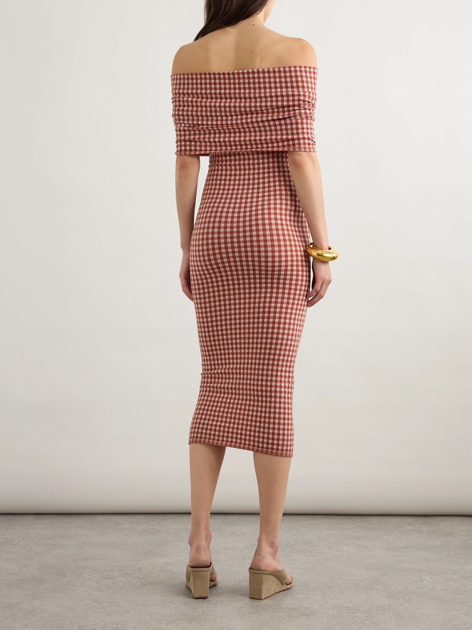 Off-the-shoulder checked stretch-knit midi dress Red - 3
