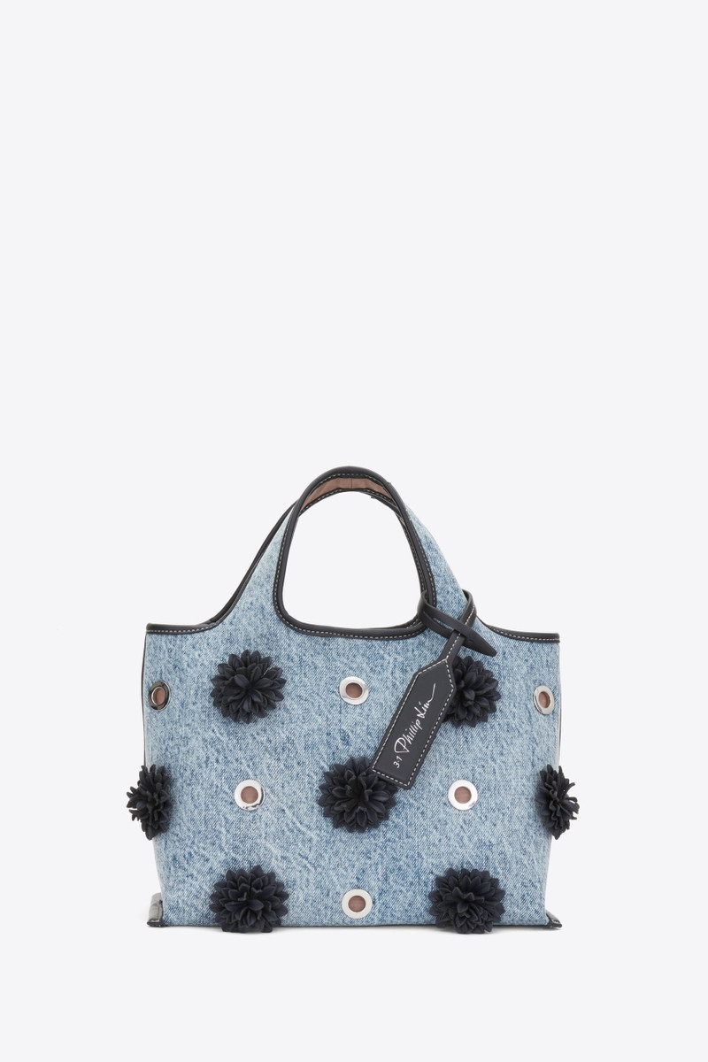 Denim Mini Market Tote with Leather Flowers 1