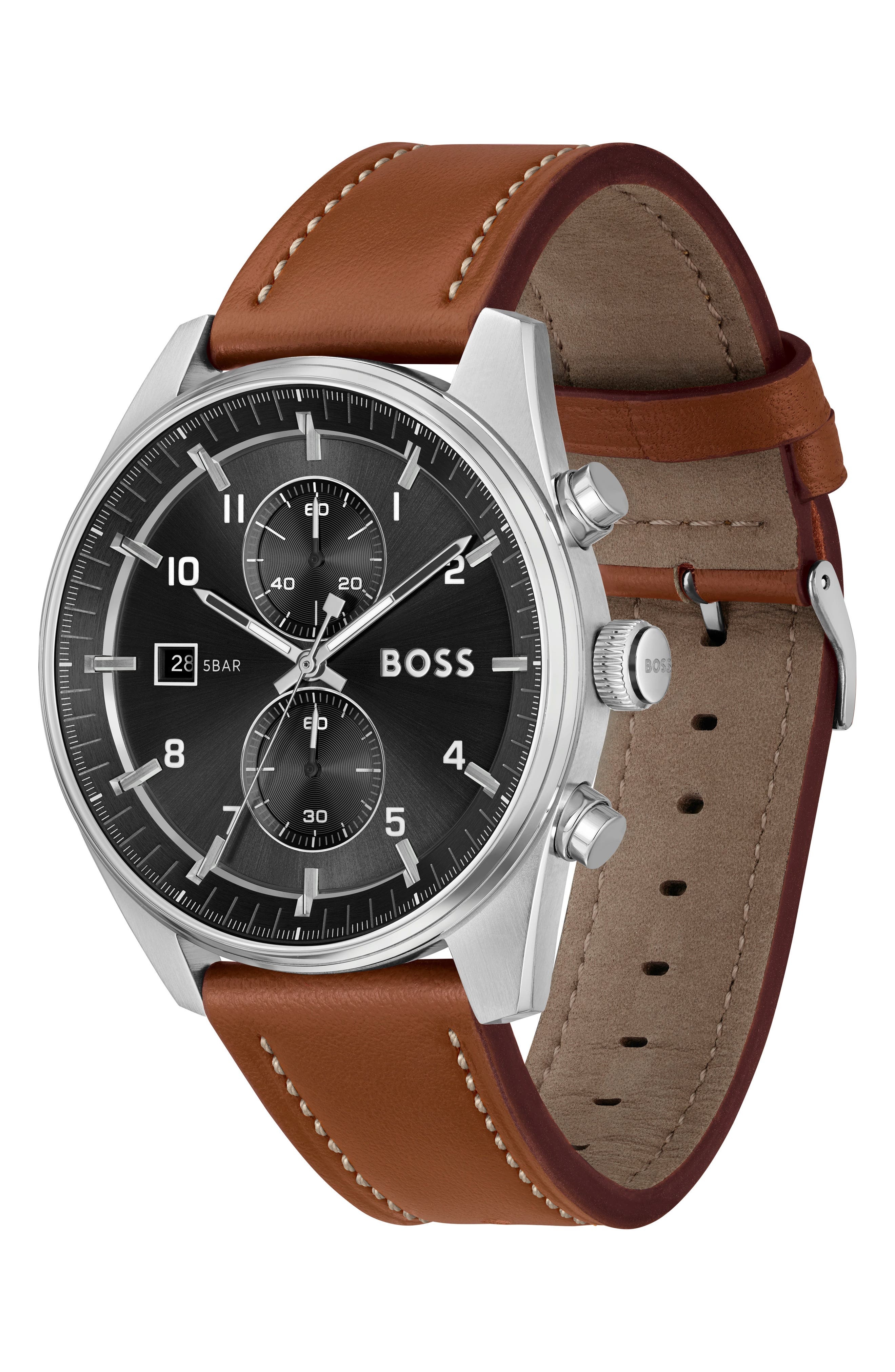 BOSS Skytraveller Chronograph Leather Strap Watch, 41mm in Black at Nordstrom - 3