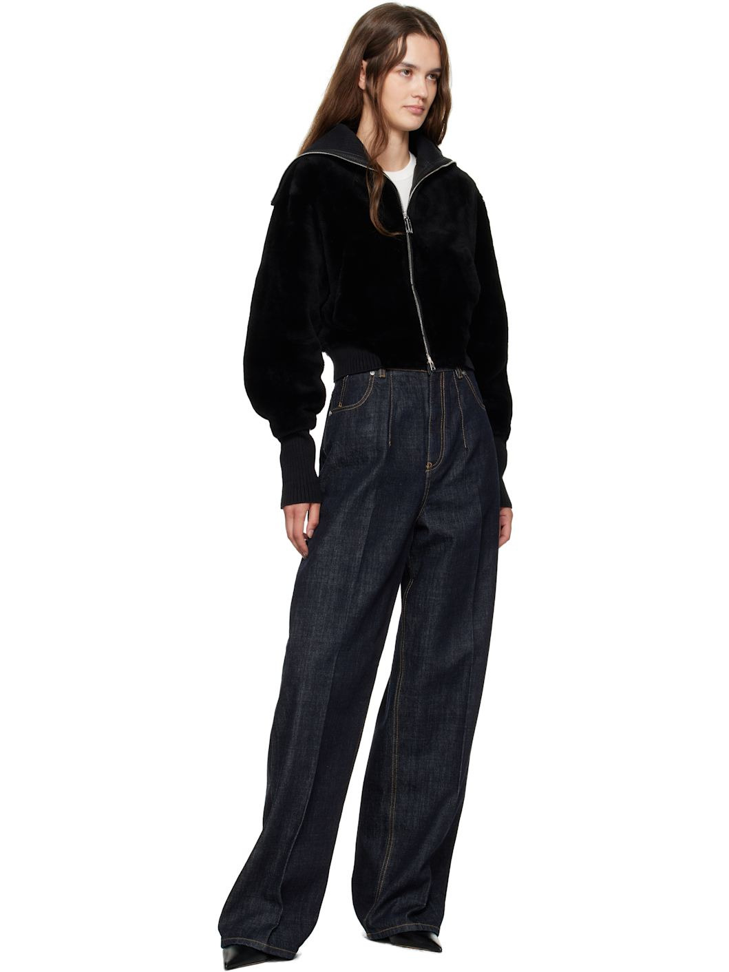 Black Zip Shearling Bomber Jacket - 4