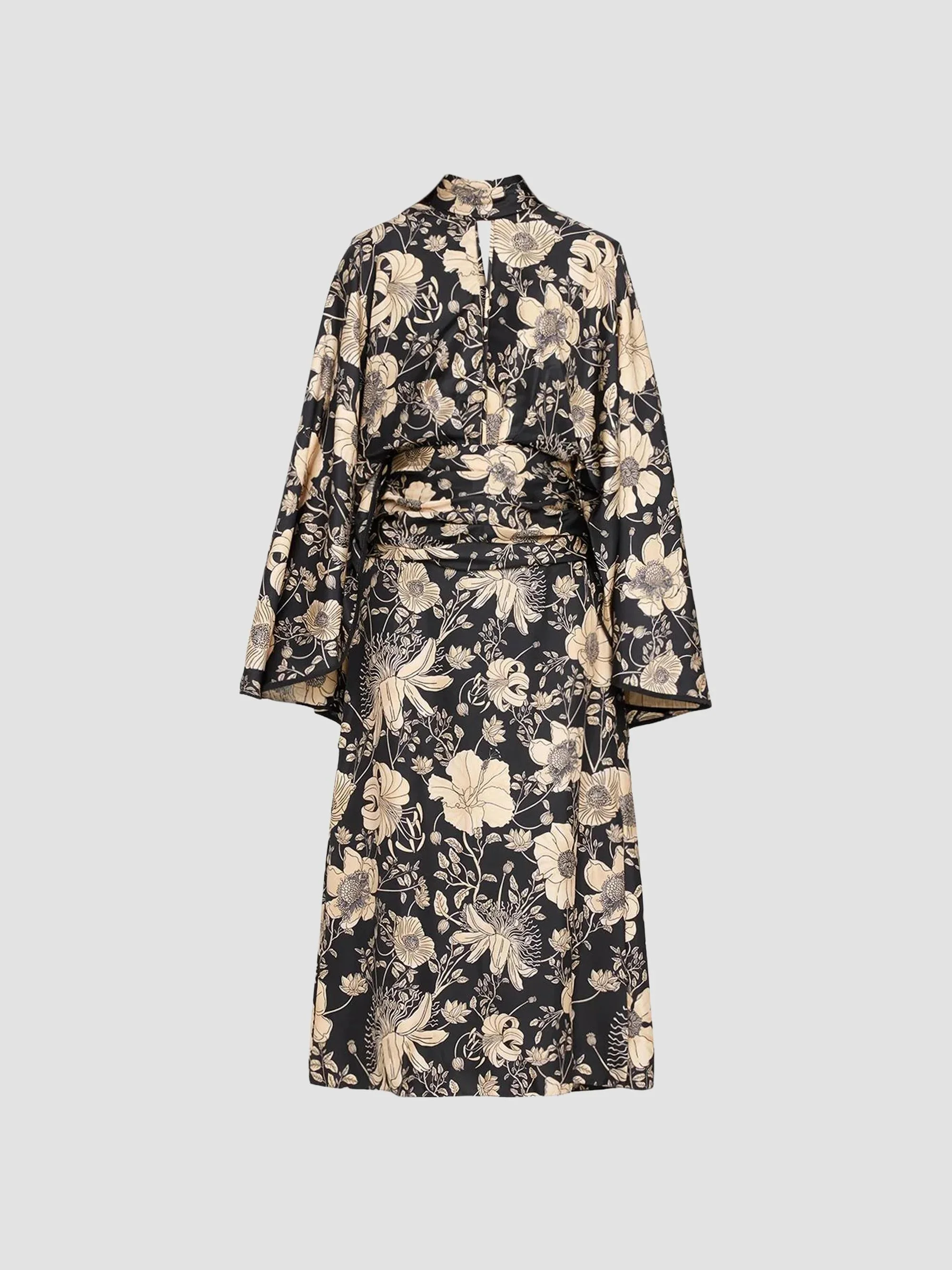 Women's Silk Printed Maxi Dress - Ecru Black - 1