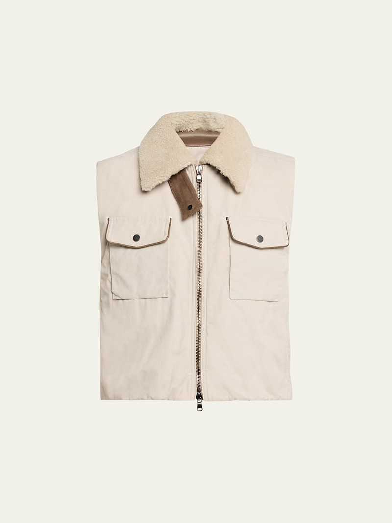 Lamb Shearling Collar Techno Satin Padded Vest 1