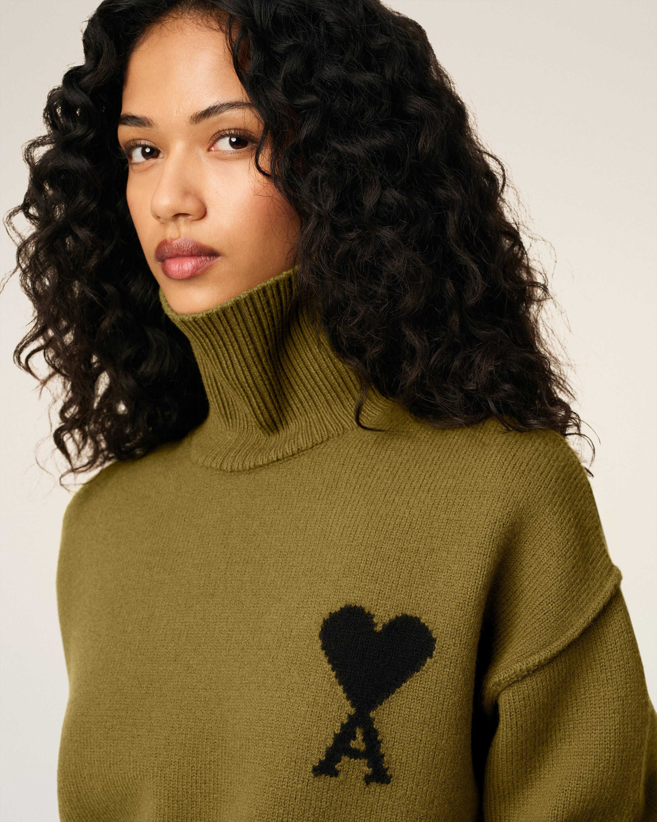 KHAKI WOOL AMI DE COEUR FUNNEL NECK SWEATER - 5