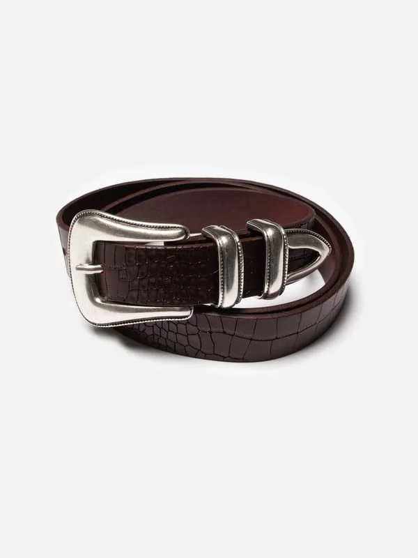 Western Faux Croco Silver Belt Burgundy - 1