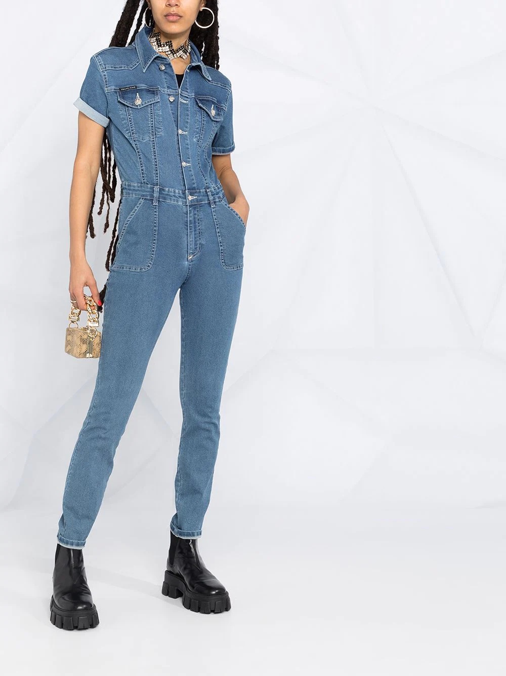 button-down denim jumpsuit - 2