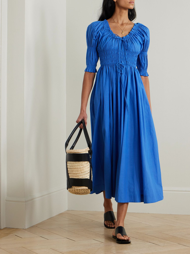 DÔEN Ischia shirred organic cotton-blend voile midi dress Blue outlook