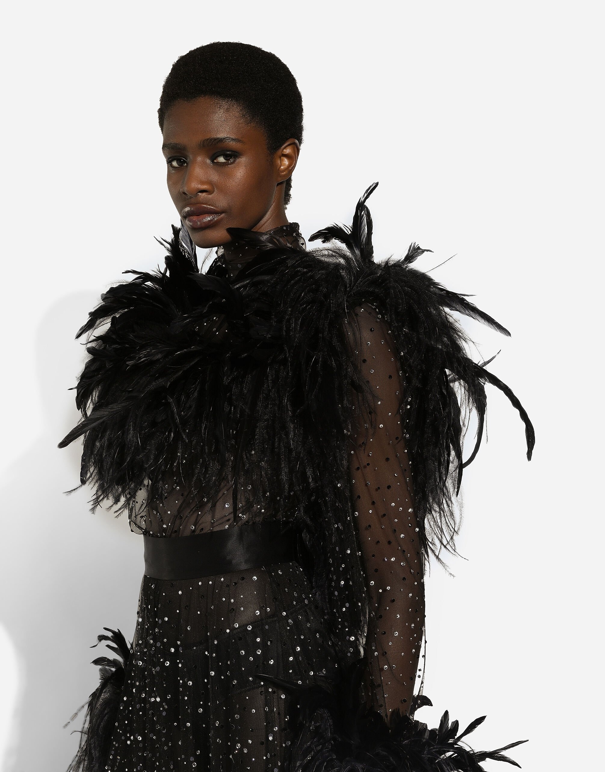 Calf-length stretch tulle dress with fusible rhinestones and rooster and ostrich feather embellishme - 6