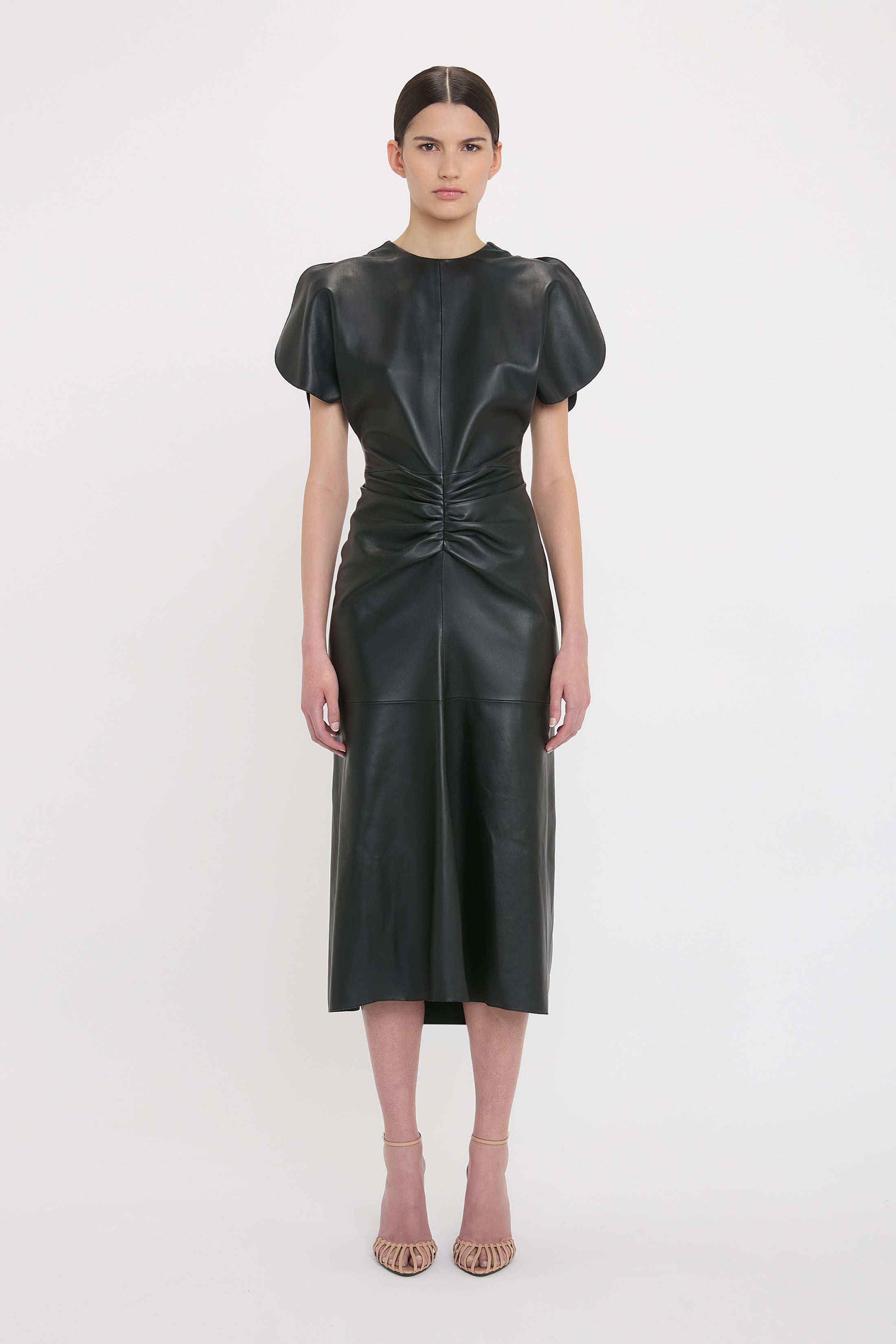 Gathered Waist Midi Dress In Soft Black Leather - 2