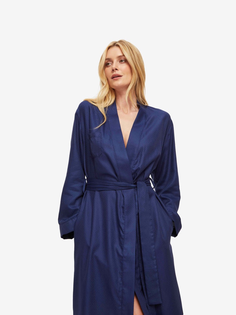 Women's Long Dressing Gown Lombard 6 Cotton Jacquard Navy - 5