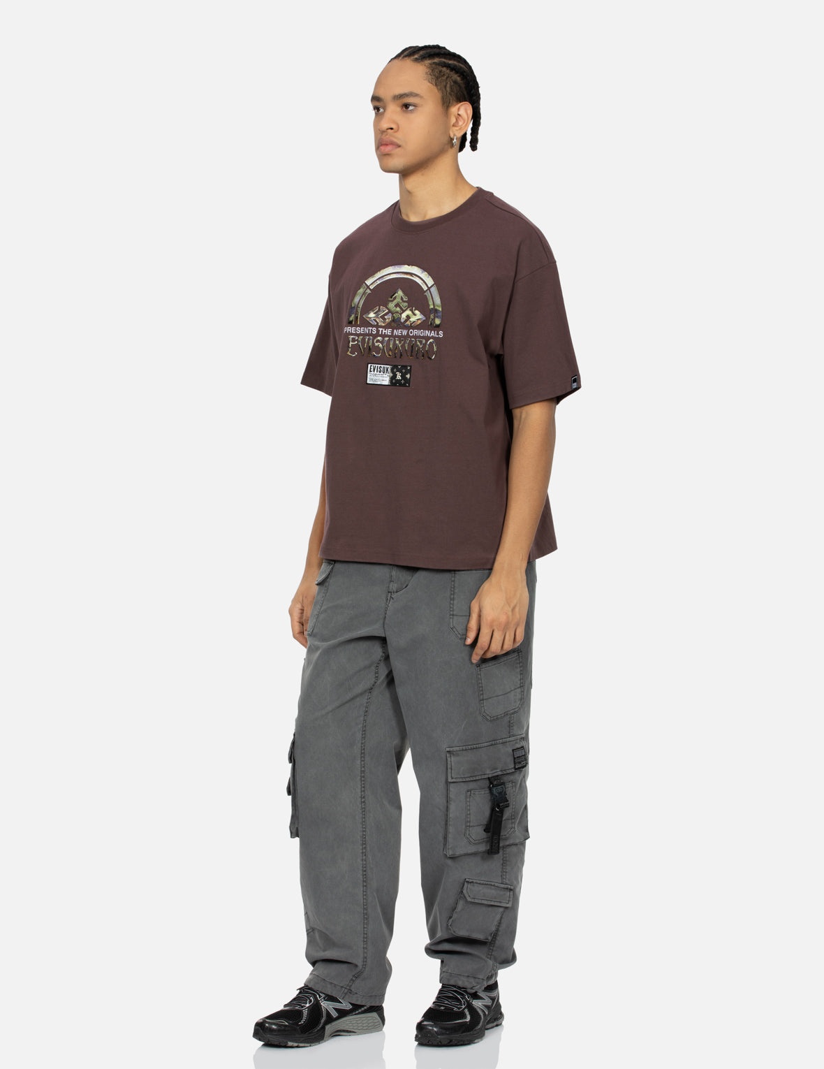 Rock-textured Print and Logo Embroidery Loose Fit T-shirt - 3