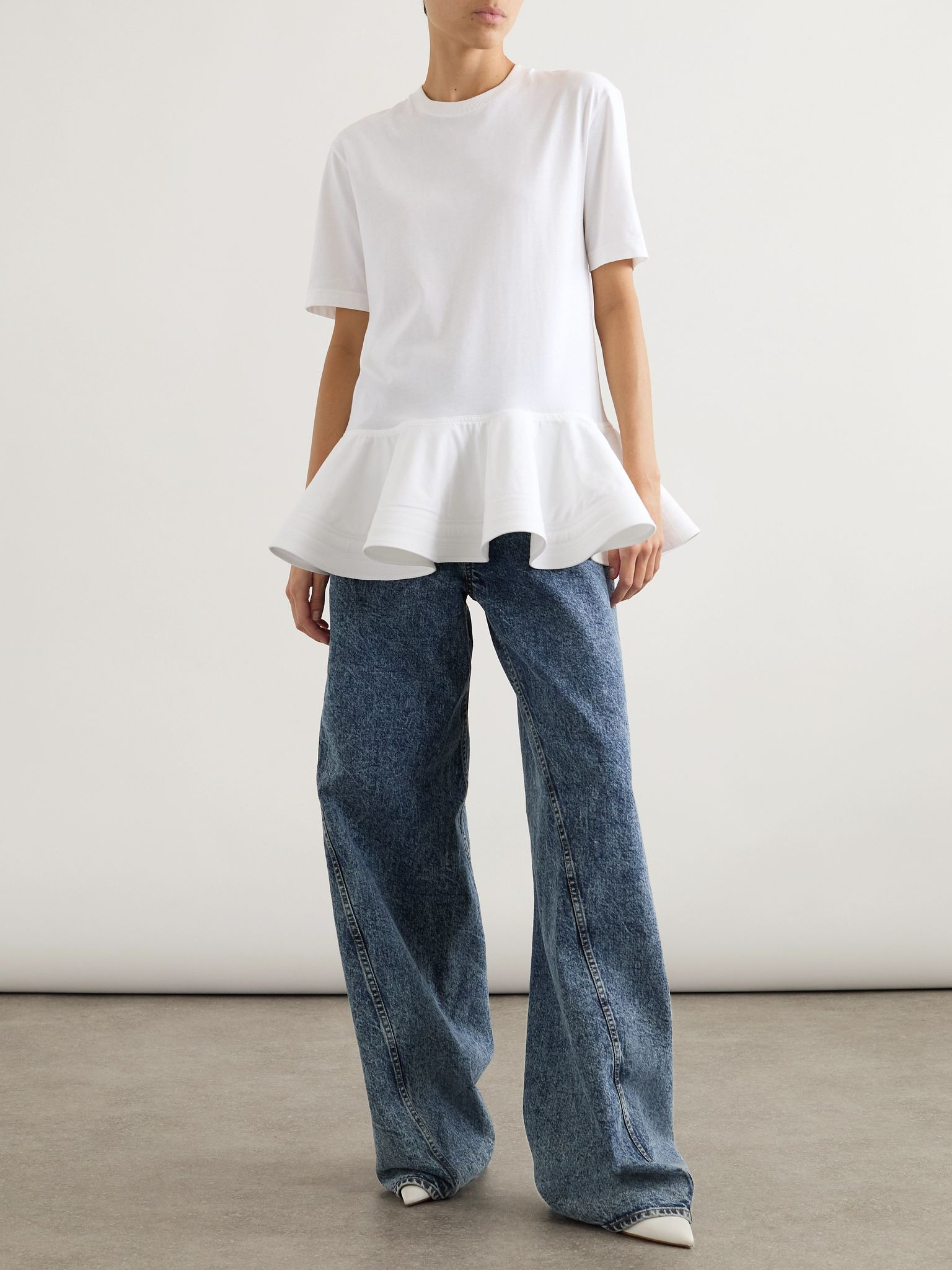 Oversized poplin-trimmed cotton-jersey peplum T-shirt White - 2