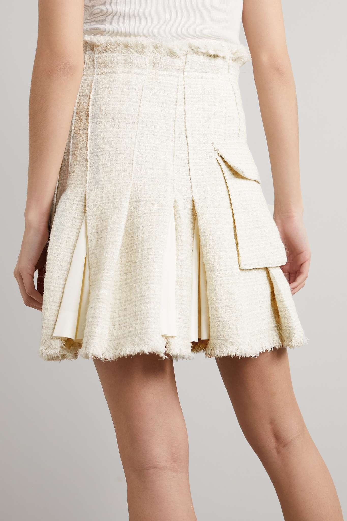 Cotton-blend twill-trimmed frayed pleated tweed mini skirt - 4