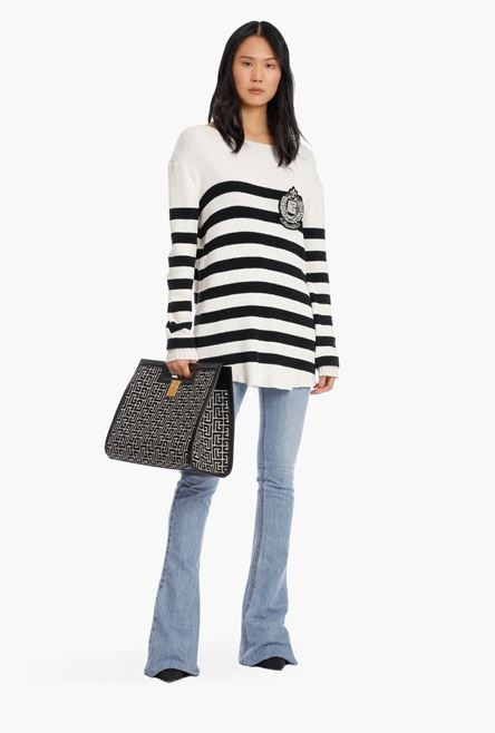 Ecru and black striped knit sweater with silver Balmain badge - 2