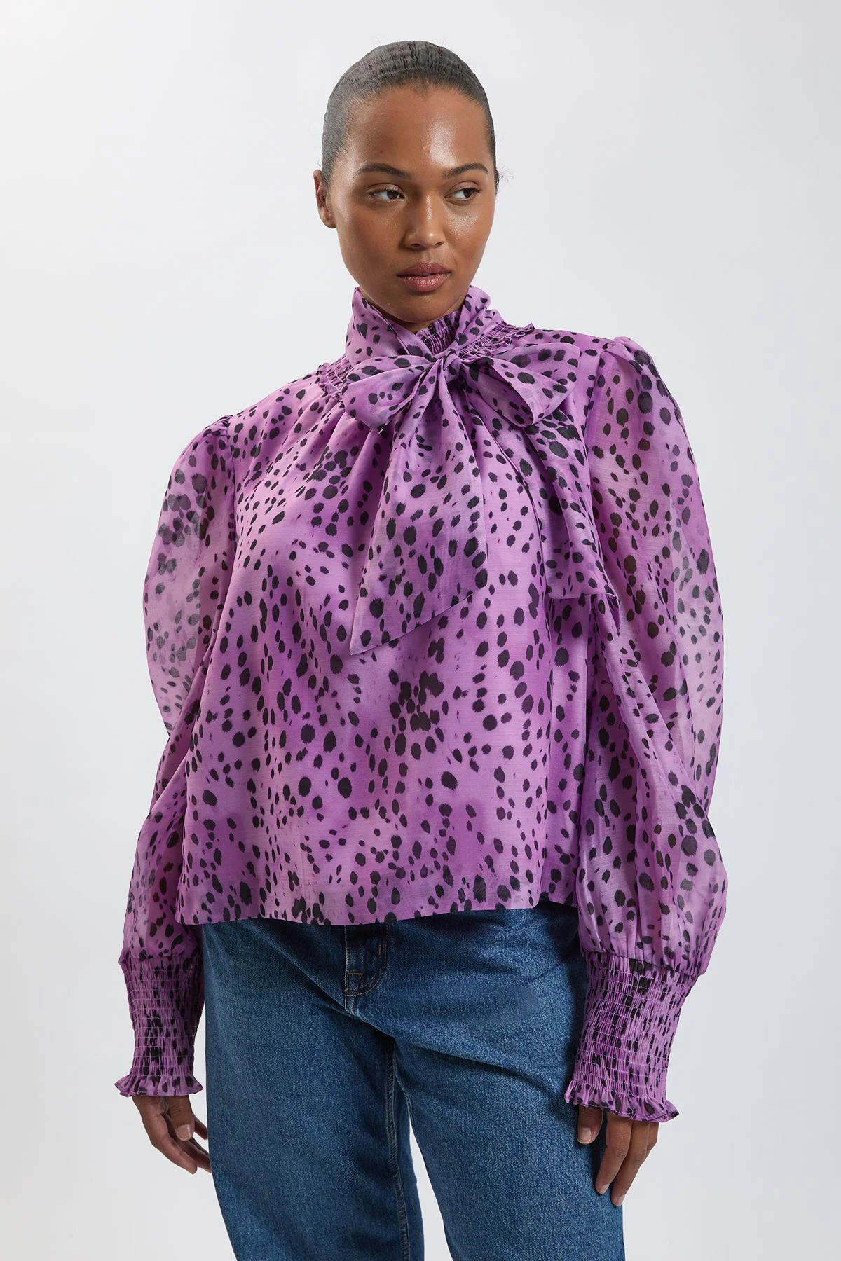 Plus Size Spot Animal Print High Neck Ruched Detail Blouse - 1
