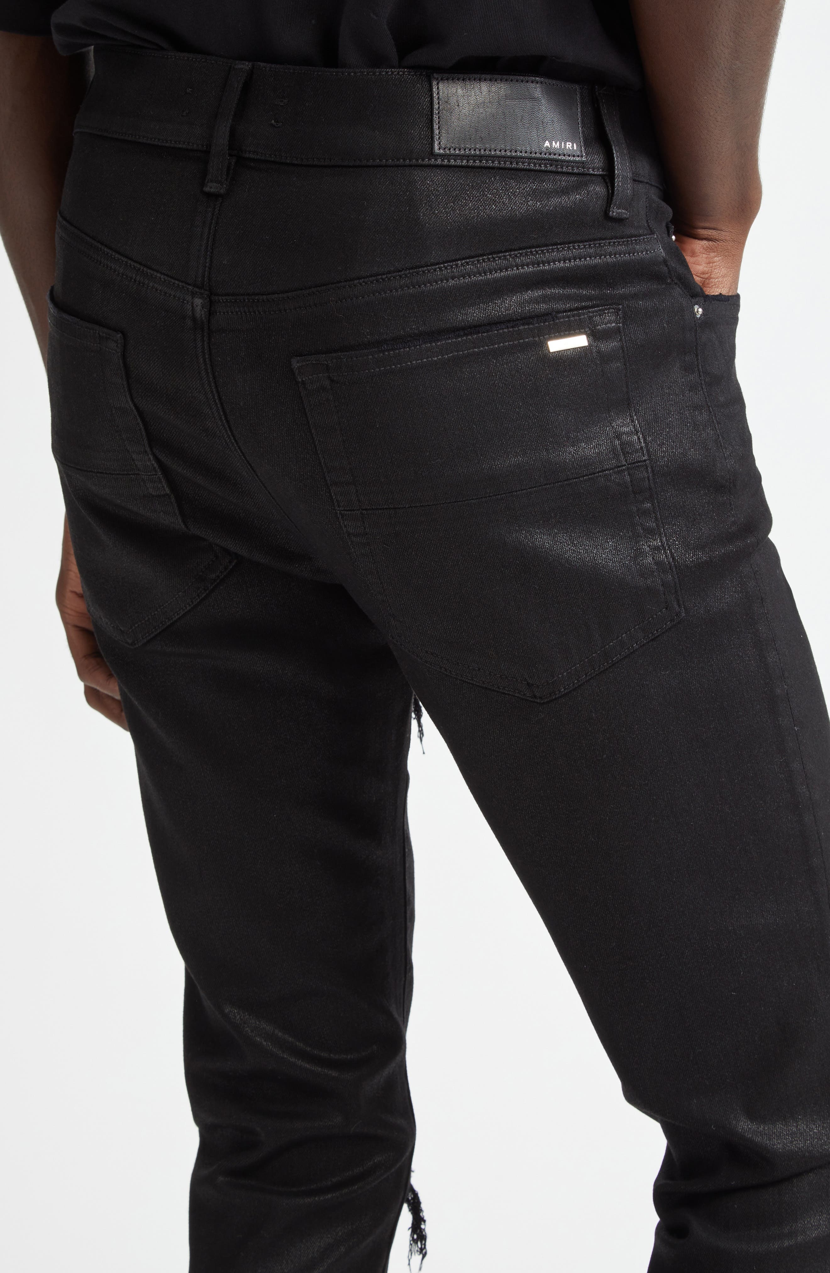AMIRI WAX MX1 Leather Patched Distressed Jeans in Black at Nordstrom - 5